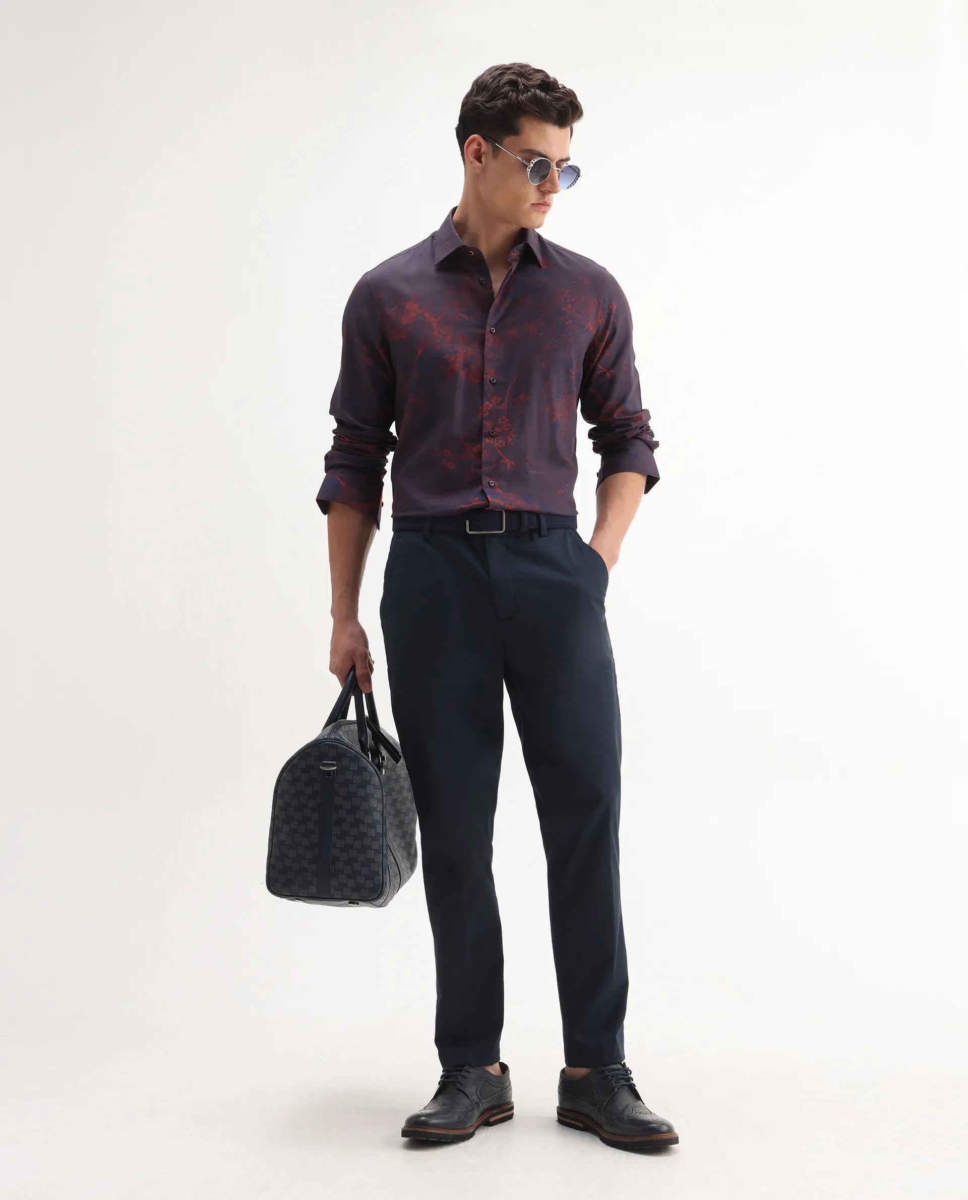 Rare Rabbit Men's Luri Purple Viscose Floral Print Regular Fit Full Sleeve Collared Shirt