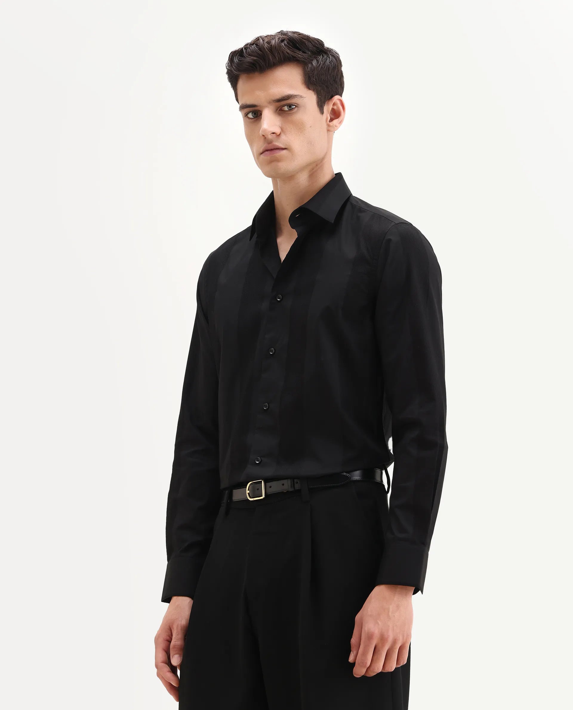 Rare Rabbit Men's Lurtz-25 Black Cotton Spread Collar Regular Fit Jacquard Shirt