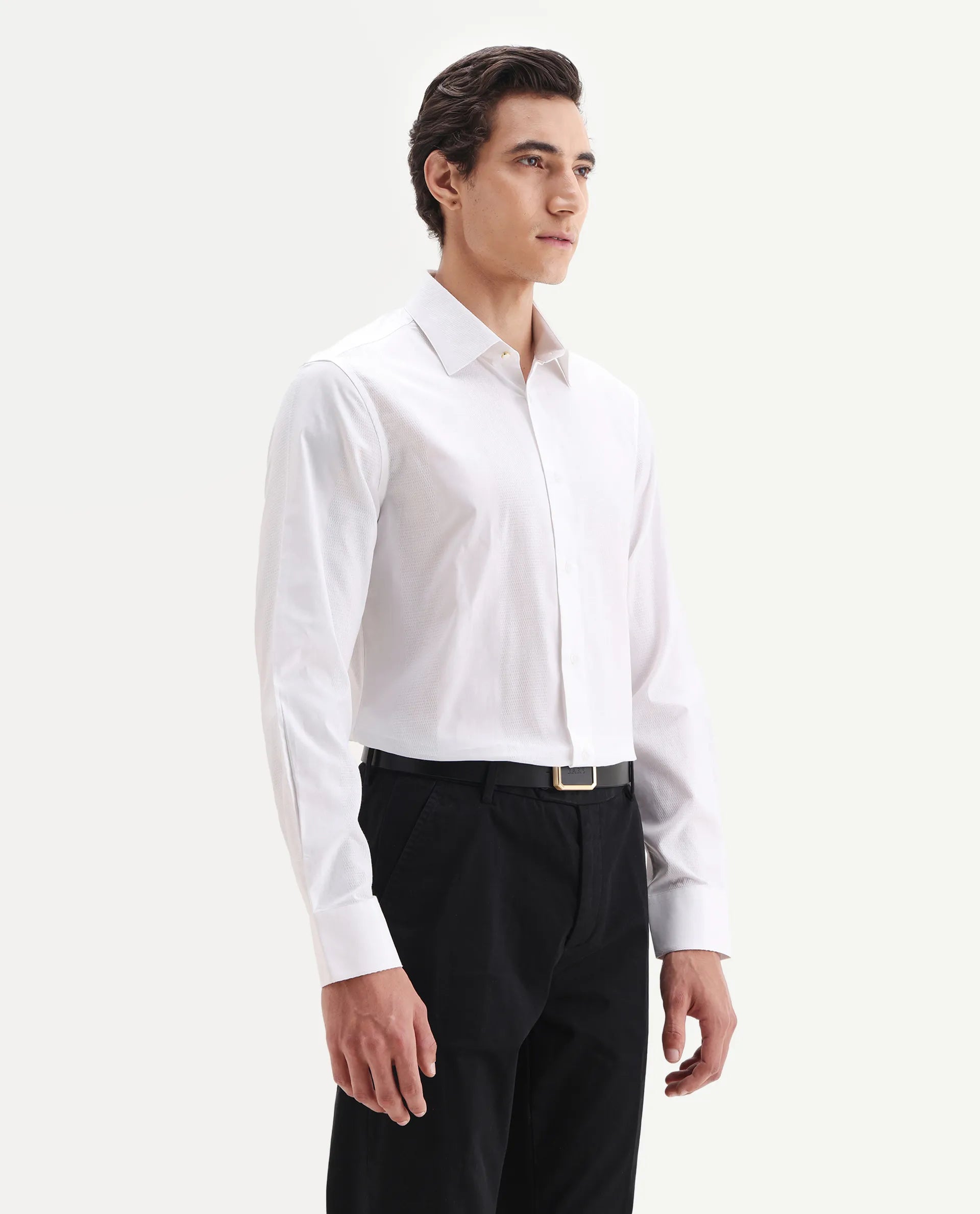 Rare Rabbit Men's Lurtz-25 White Cotton Spread Collar Regular Fit Jacquard Shirt