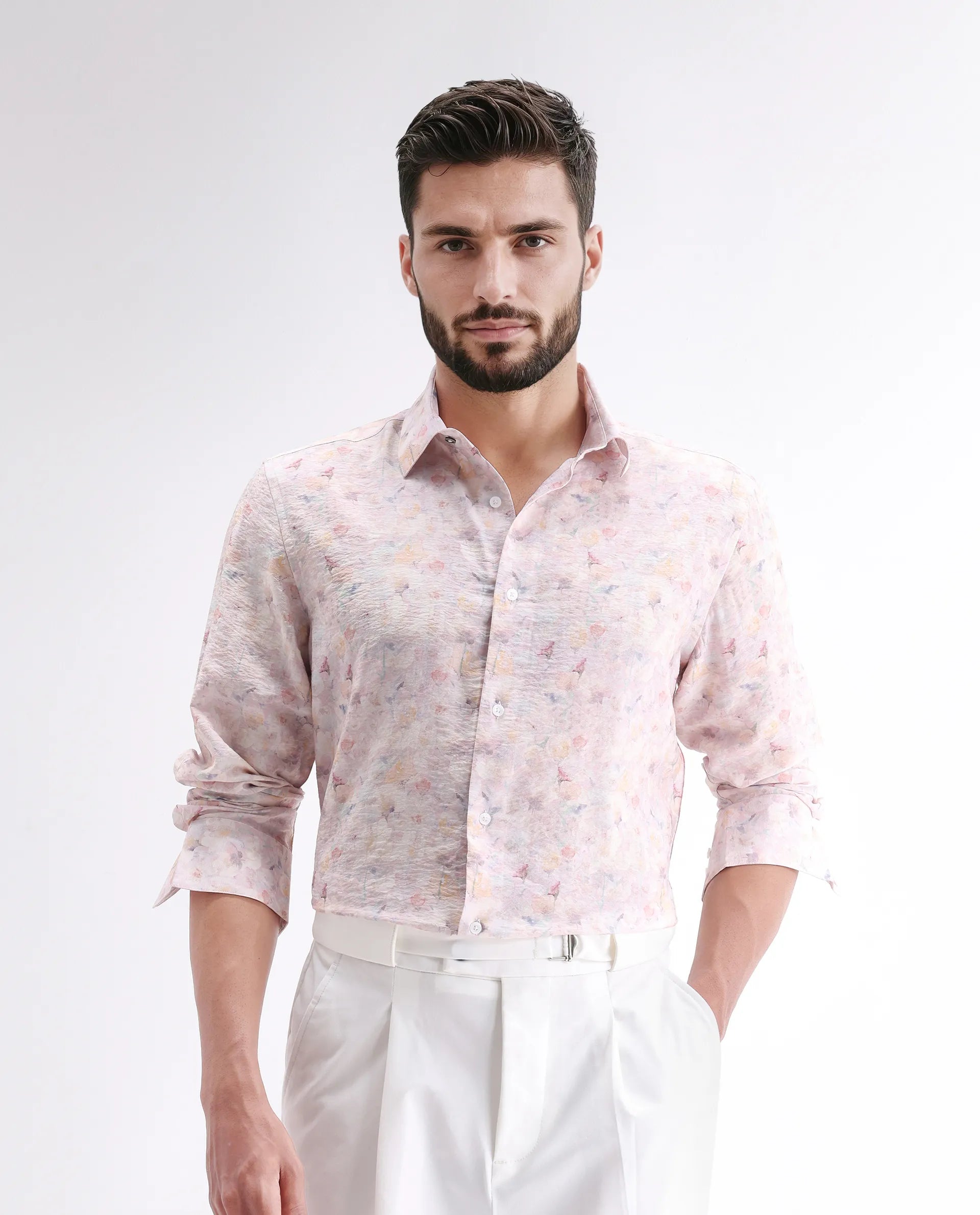 Rare Rabbit Men's Lush Pink Viscose Blend Abstract Print Regular Fit Full Sleeve Collared Shirt