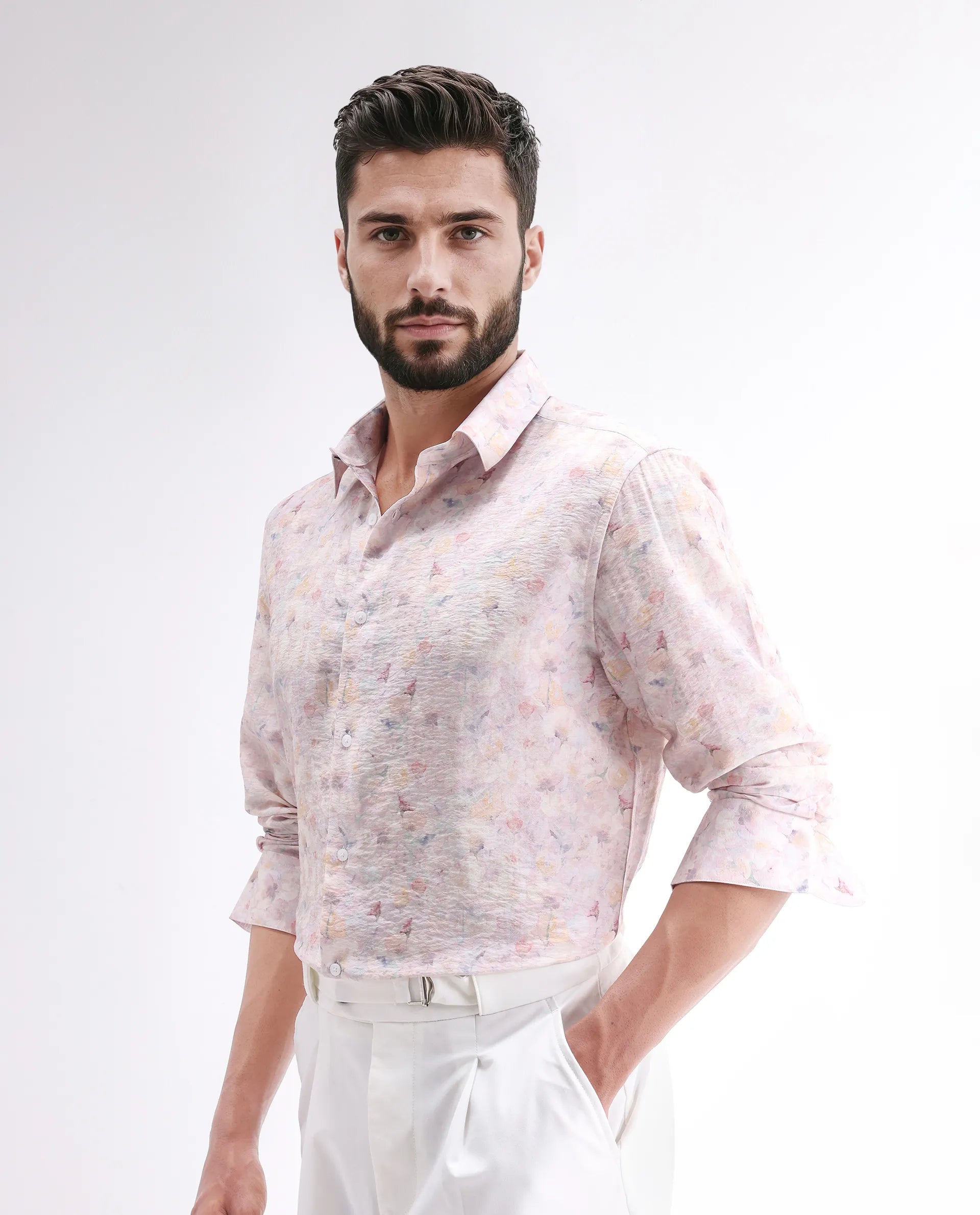 Rare Rabbit Men's Lush Pink Viscose Blend Abstract Print Regular Fit Full Sleeve Collared Shirt