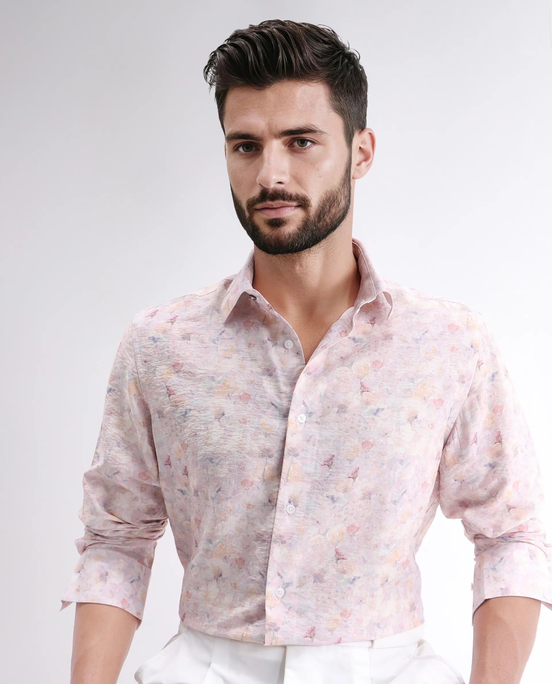 Rare Rabbit Men's Lush Pink Viscose Blend Abstract Print Regular Fit Full Sleeve Collared Shirt