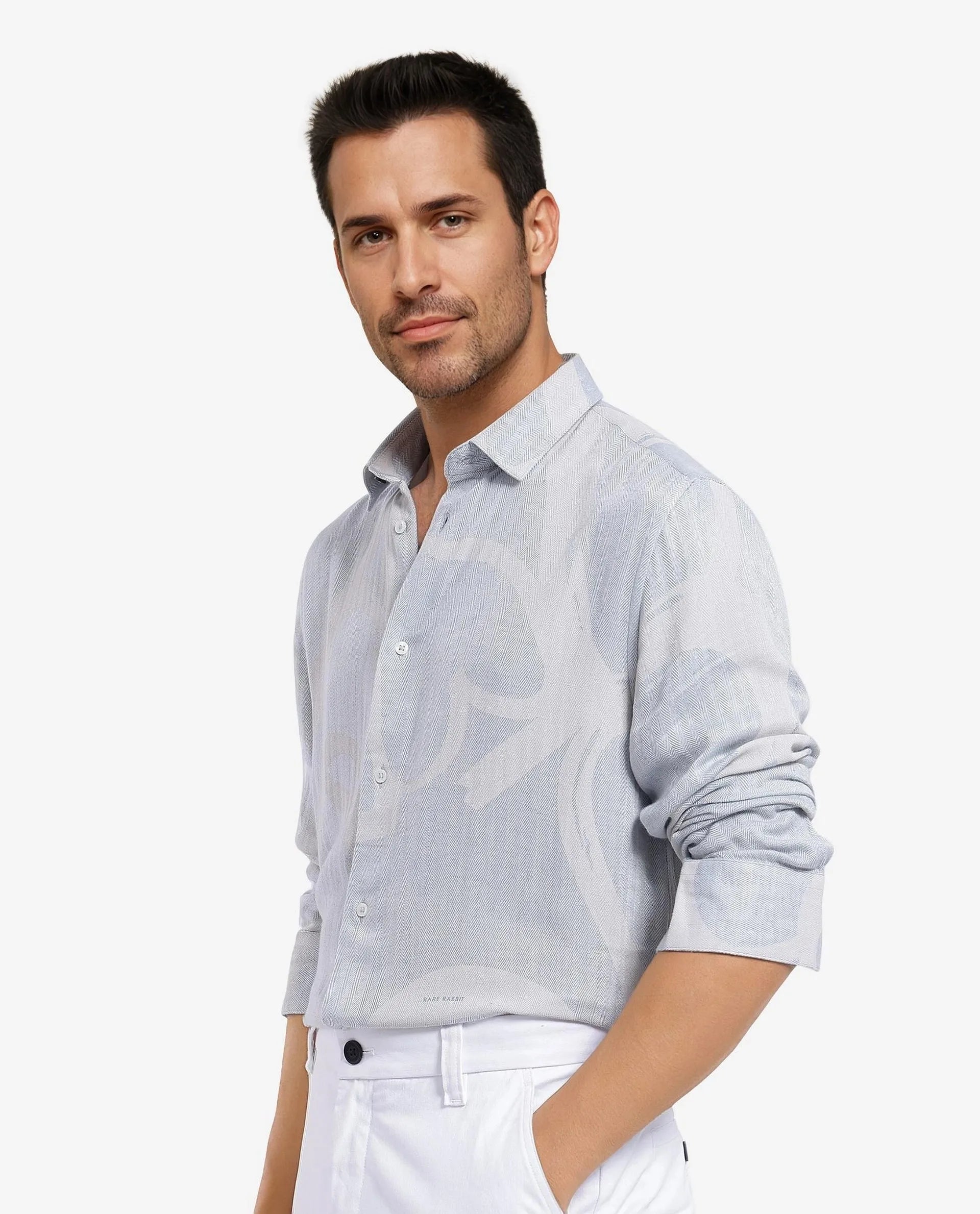 Rare Rabbit Mens Lusia-1 Off White Cotton Fabric Regular Collar Herringbone Full Sleeves Regular Fit