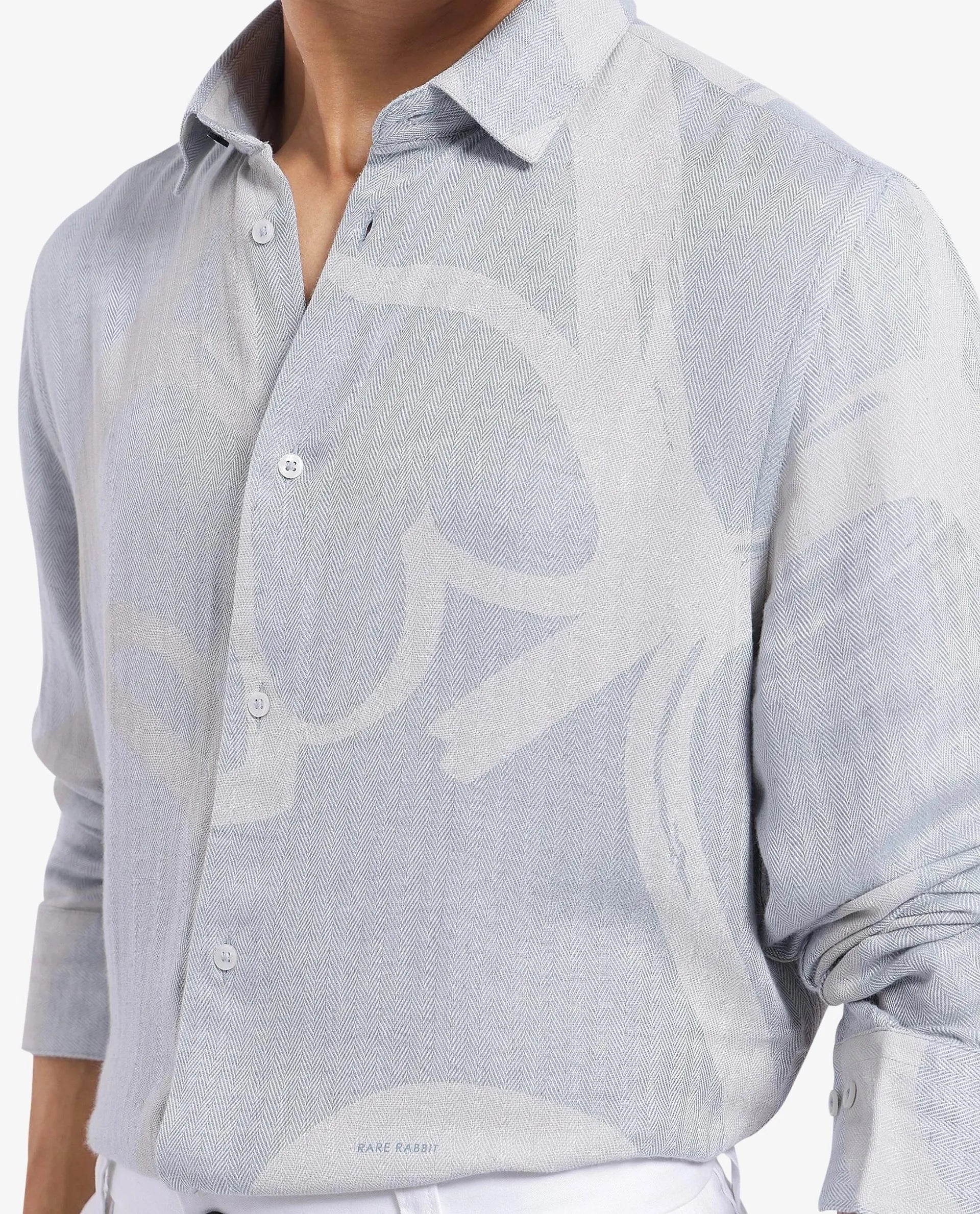 Rare Rabbit Mens Lusia-1 Off White Cotton Fabric Regular Collar Herringbone Full Sleeves Regular Fit