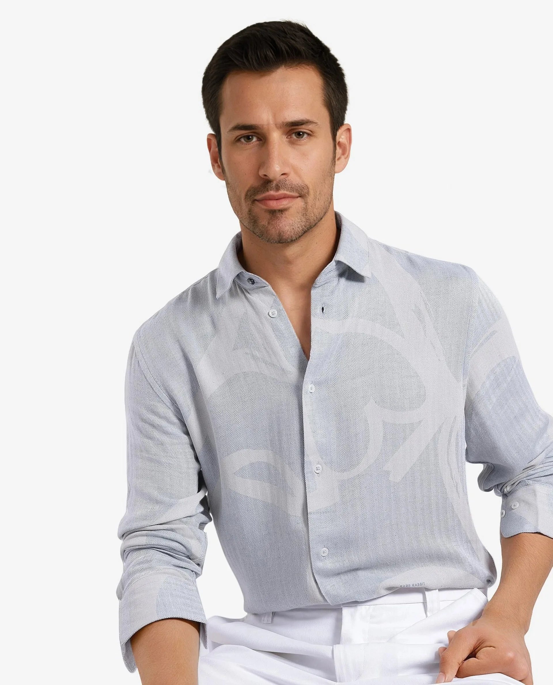 Rare Rabbit Mens Lusia-1 Off White Cotton Fabric Regular Collar Herringbone Full Sleeves Regular Fit