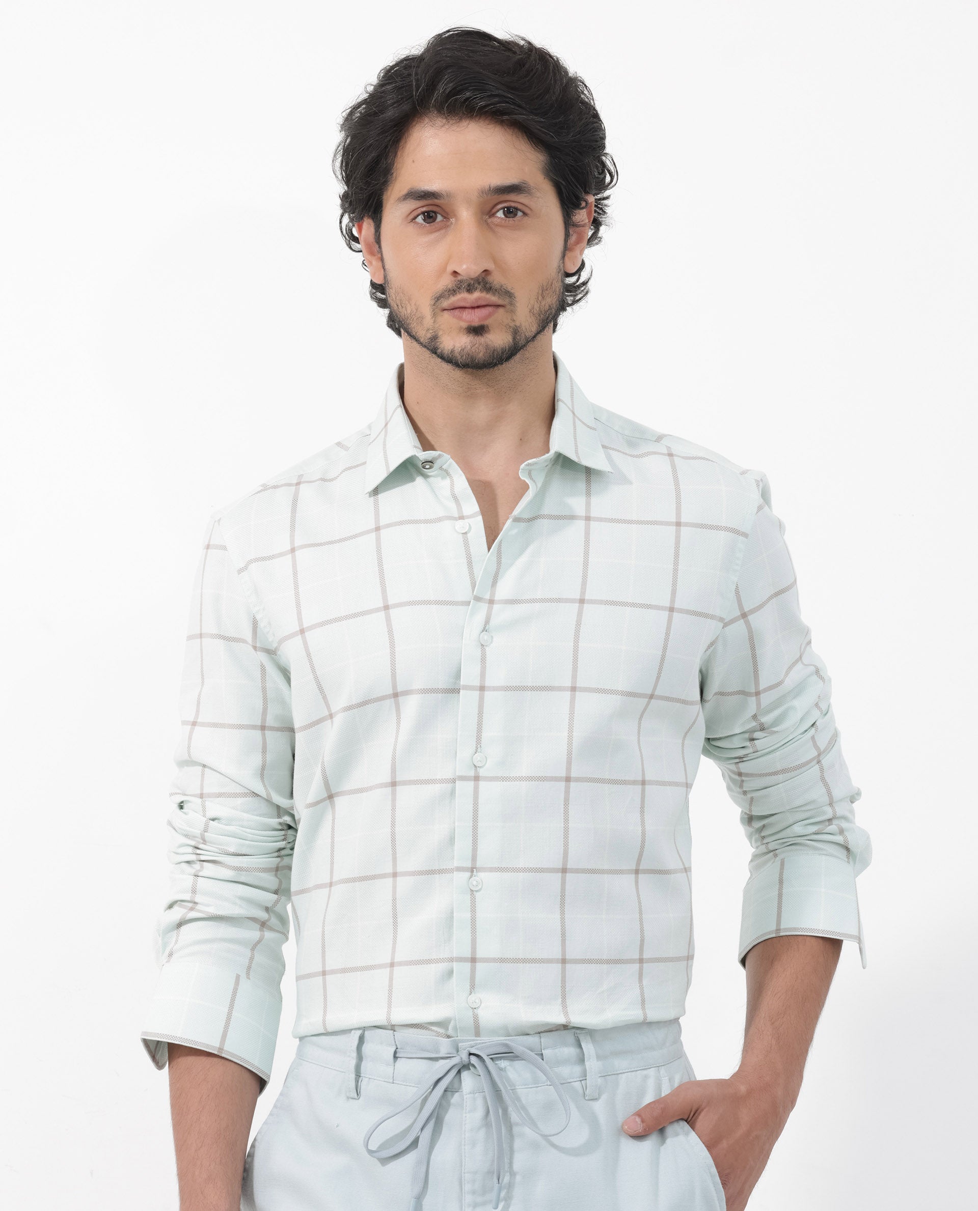 Rare Rabbit Men's Carrie Pastel Blue Cotton Fabric Full Sleeve Windowpane Checks Shirt