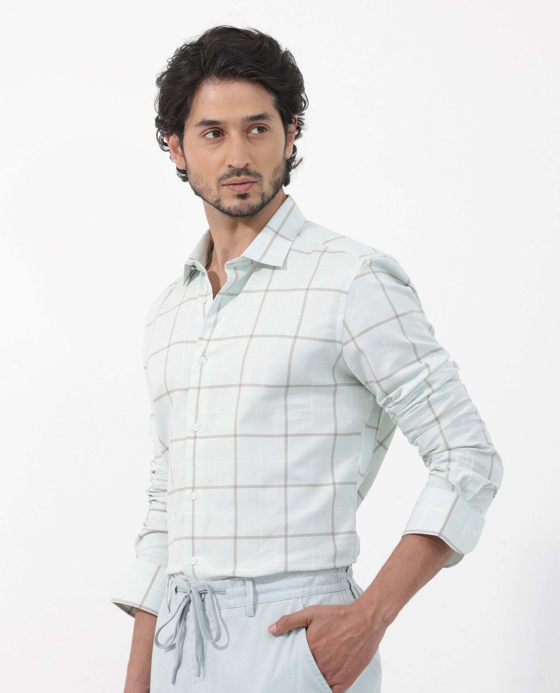 Rare Rabbit Men's Carrie Pastel Blue Cotton Fabric Full Sleeve Windowpane Checks Shirt