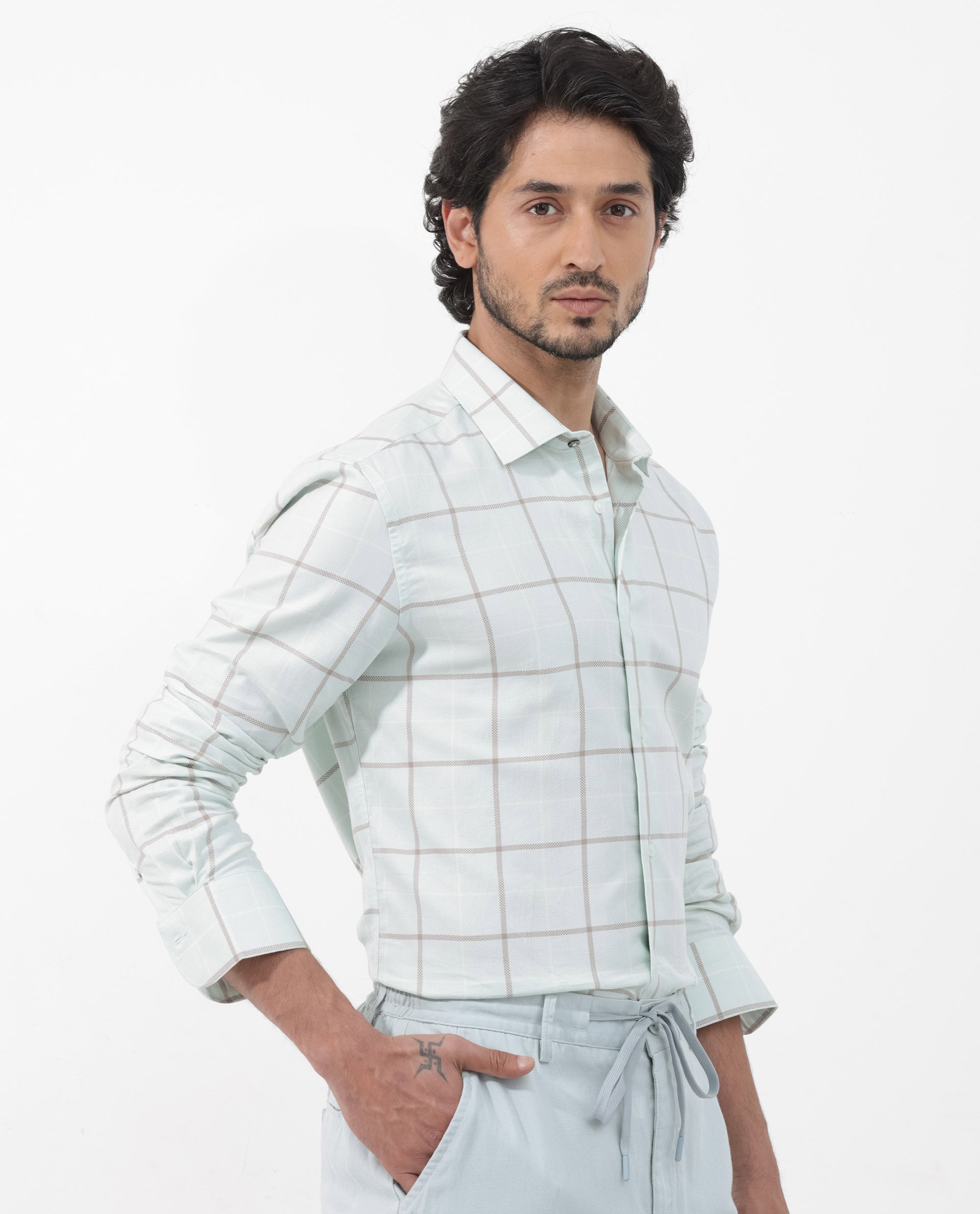 Rare Rabbit Men's Carrie Pastel Blue Cotton Fabric Full Sleeve Windowpane Checks Shirt