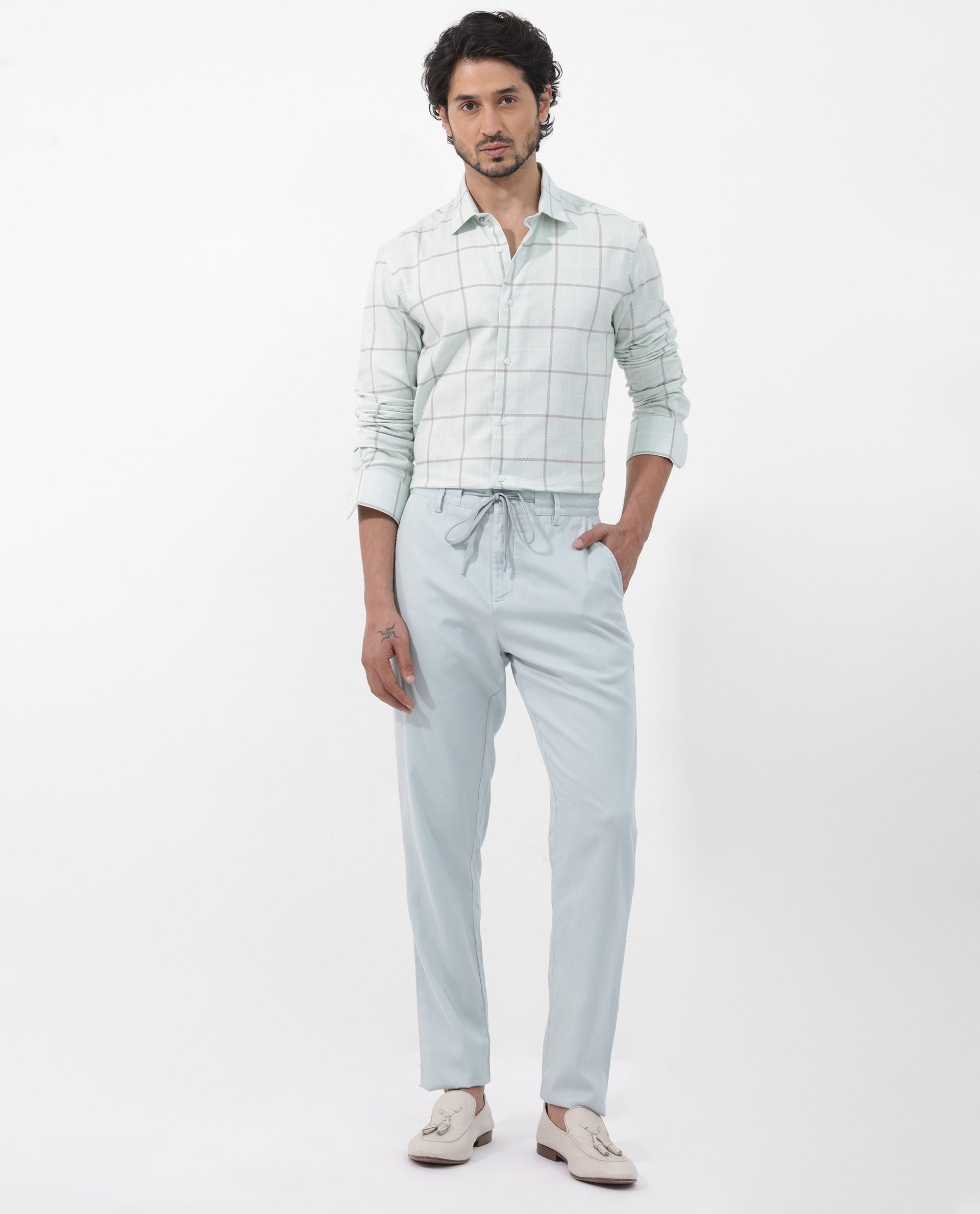 Rare Rabbit Men's Carrie Pastel Blue Cotton Fabric Full Sleeve Windowpane Checks Shirt