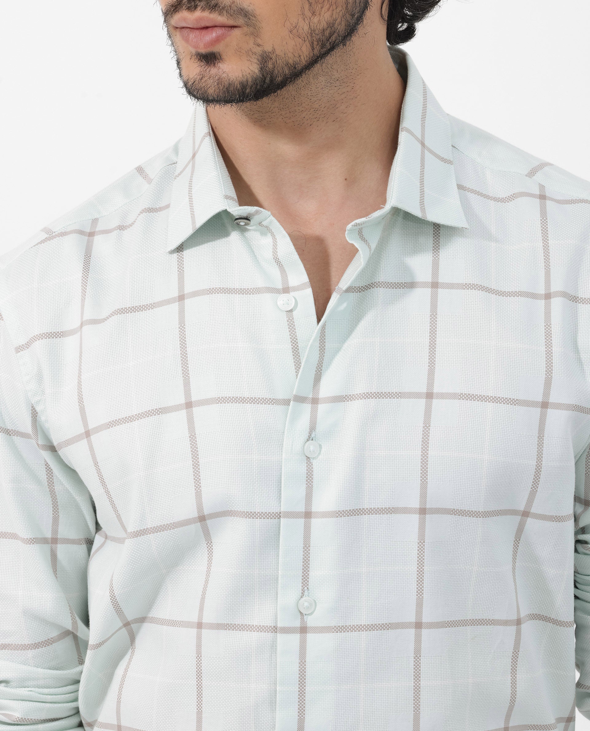 Rare Rabbit Men's Carrie Pastel Blue Cotton Fabric Full Sleeve Windowpane Checks Shirt