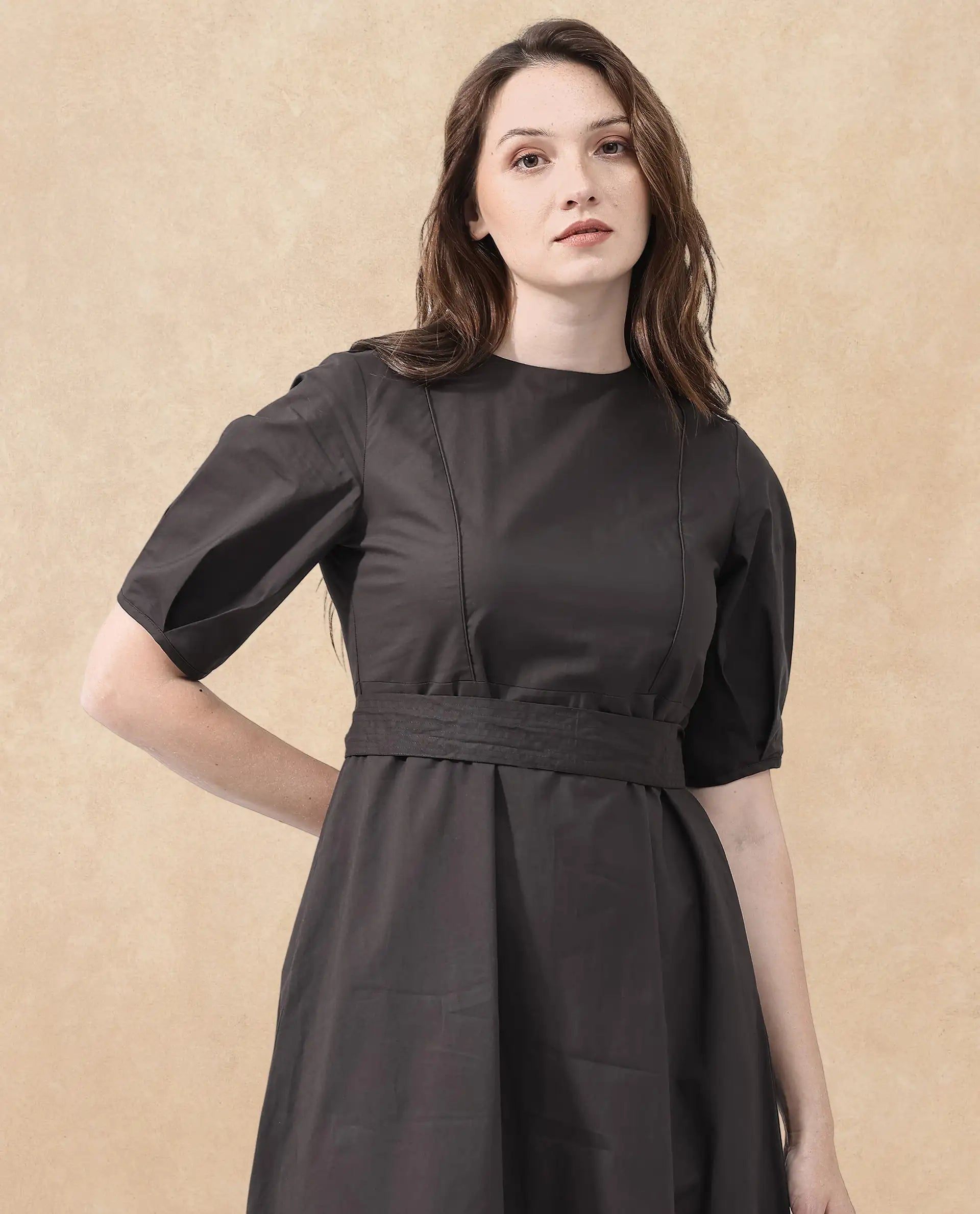 Rareism Women Lusine Brown Cotton Fabric Full Sleeve Round Neck Solid Regular Fit Dress