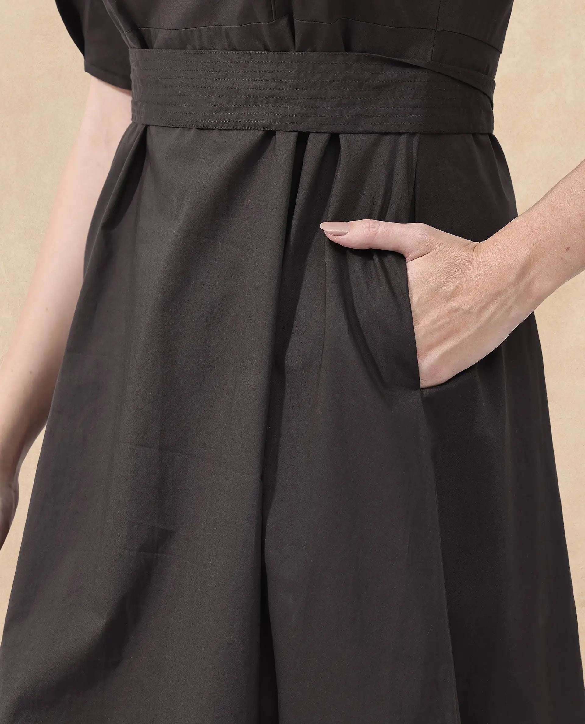 Rareism Women Lusine Brown Cotton Fabric Full Sleeve Round Neck Solid Regular Fit Dress