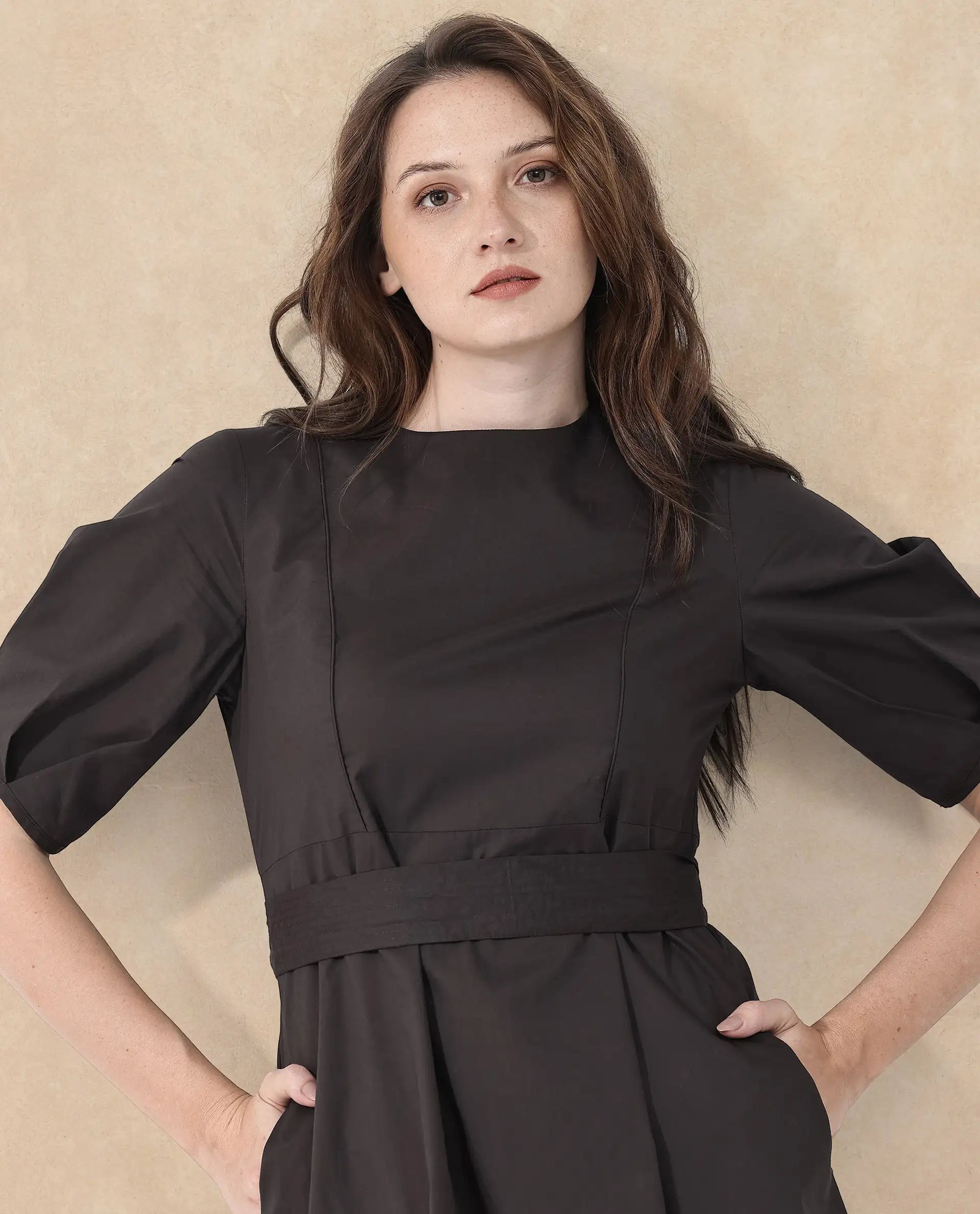 Rareism Women Lusine Brown Cotton Fabric Full Sleeve Round Neck Solid Regular Fit Dress