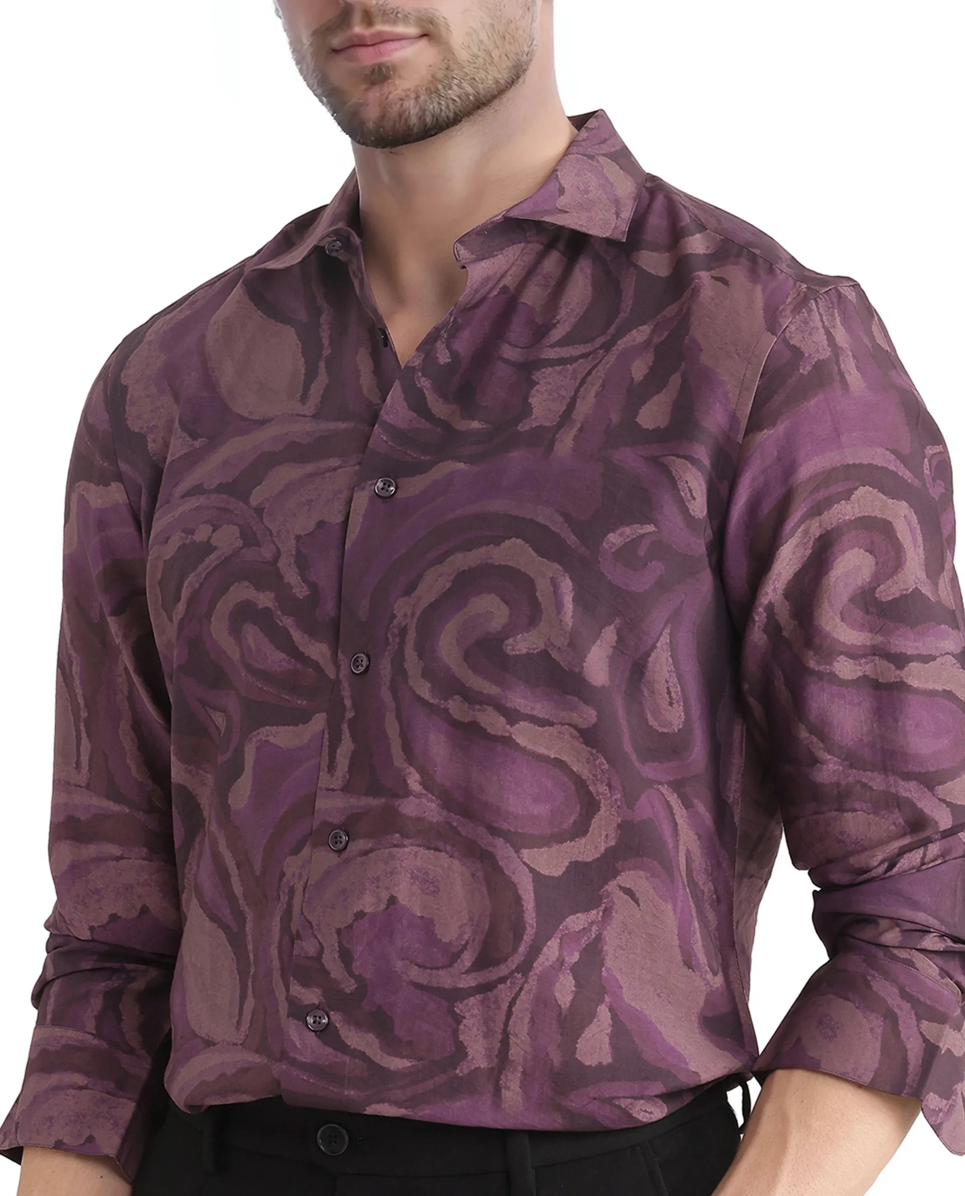 Rare Rabbit Men Luth Dark Purple Viscose Nylon Fabric Full Sleeve Regular Collared Button Closure Relaxed Fit Paisley Print Shirt