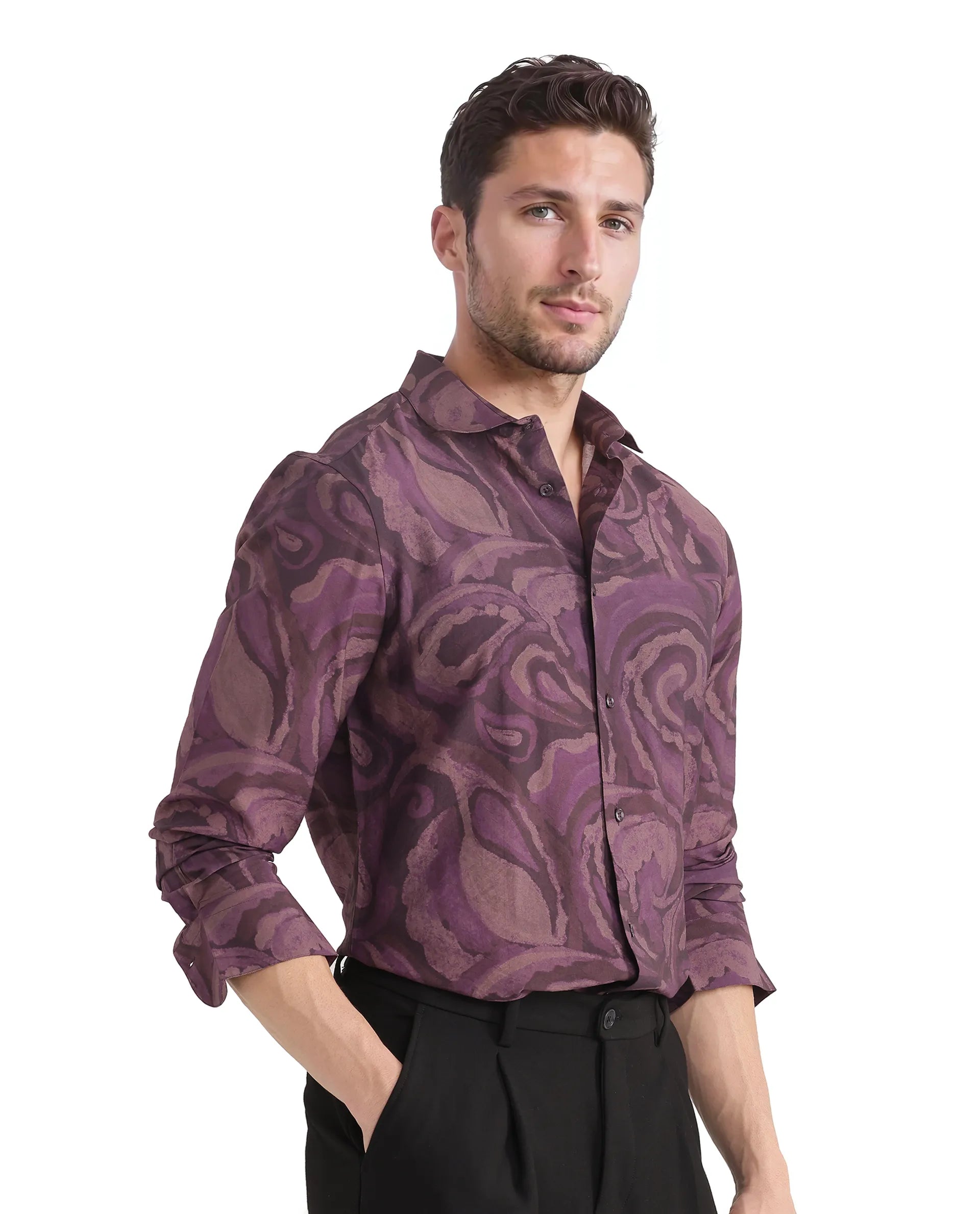 Rare Rabbit Men Luth Dark Purple Viscose Nylon Fabric Full Sleeve Regular Collared Button Closure Relaxed Fit Paisley Print Shirt
