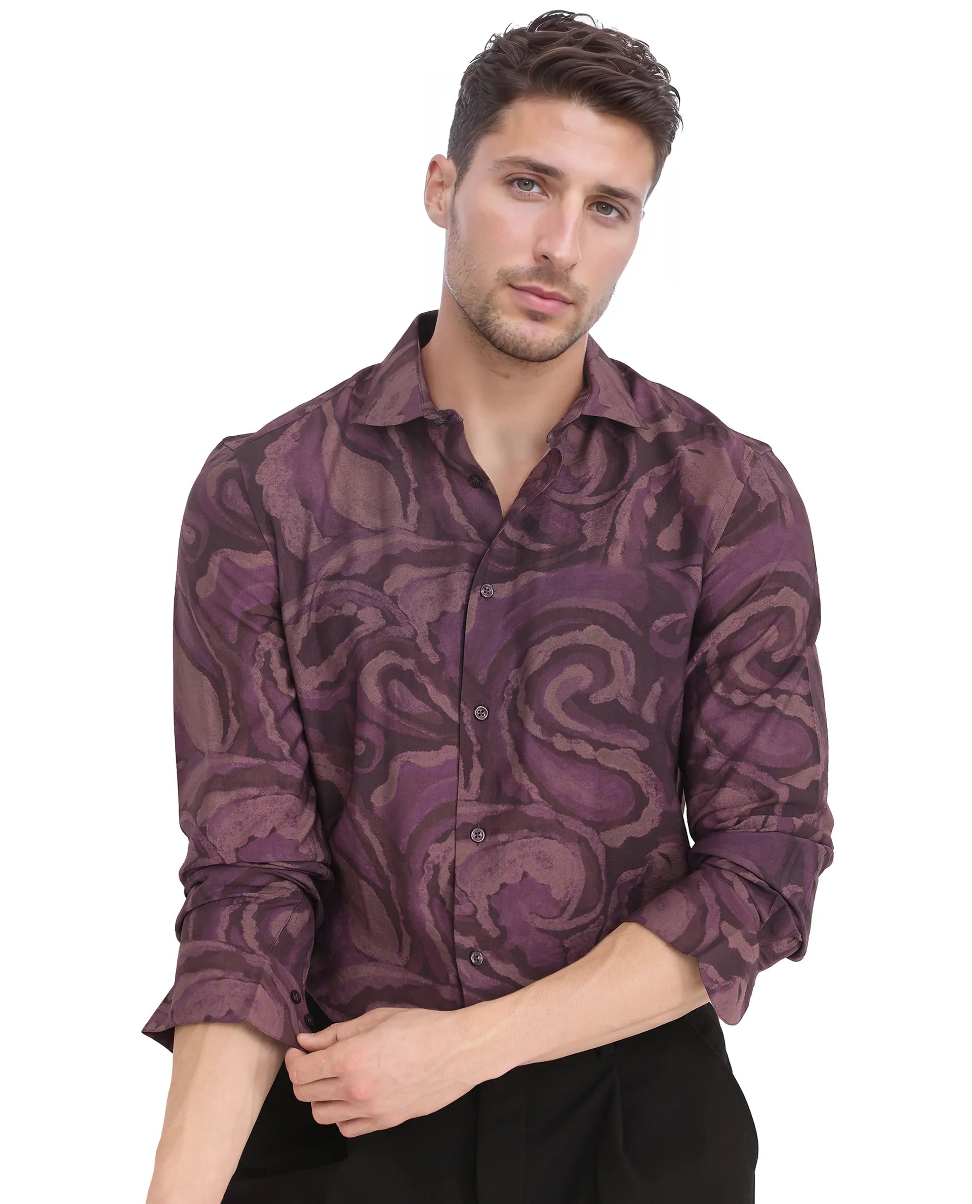 Rare Rabbit Men Luth Dark Purple Viscose Nylon Fabric Full Sleeve Regular Collared Button Closure Relaxed Fit Paisley Print Shirt