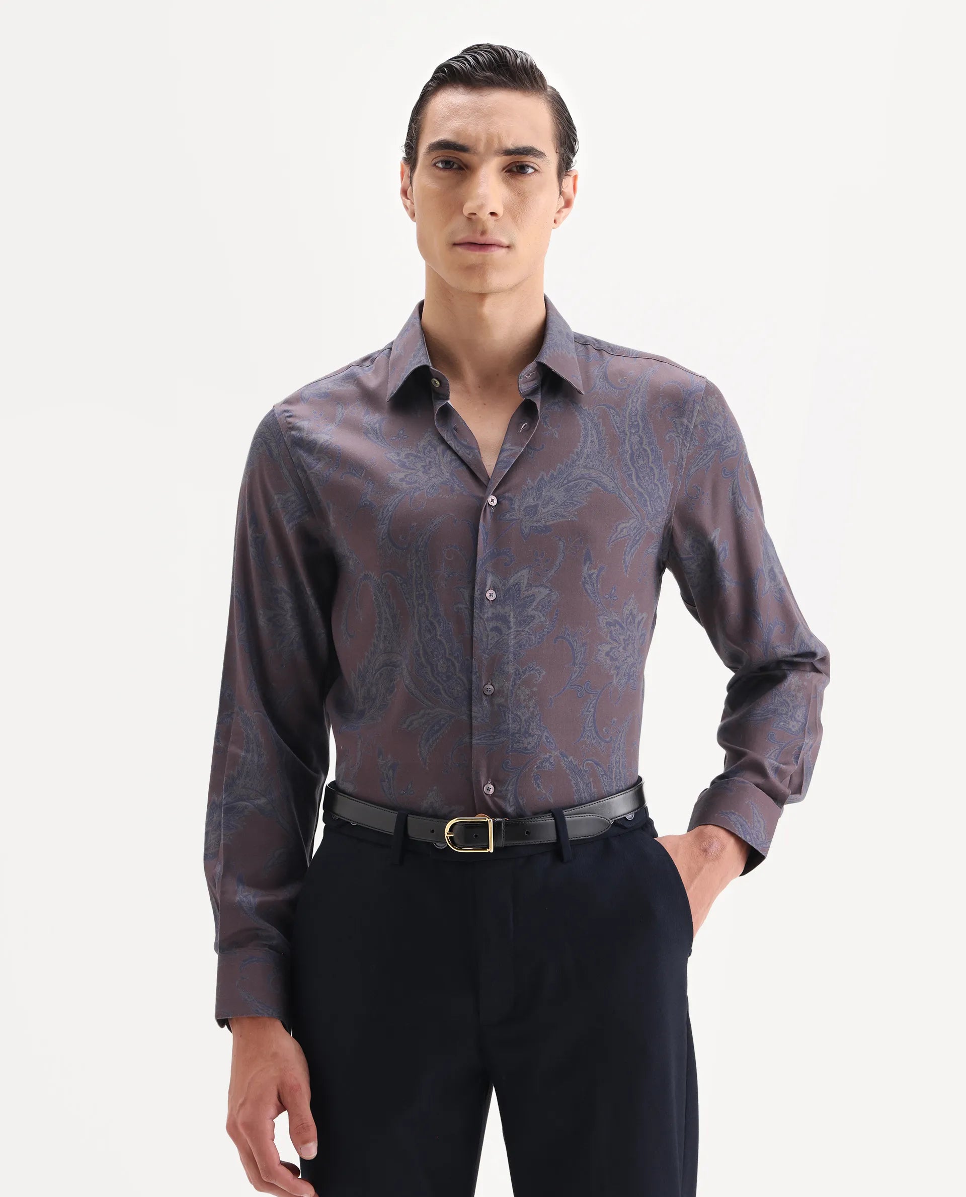 Rare Rabbit Men's Luto Dusky Red Viscose Blend Fabric Collared Neck Regular Fit Paisley Print Shirt