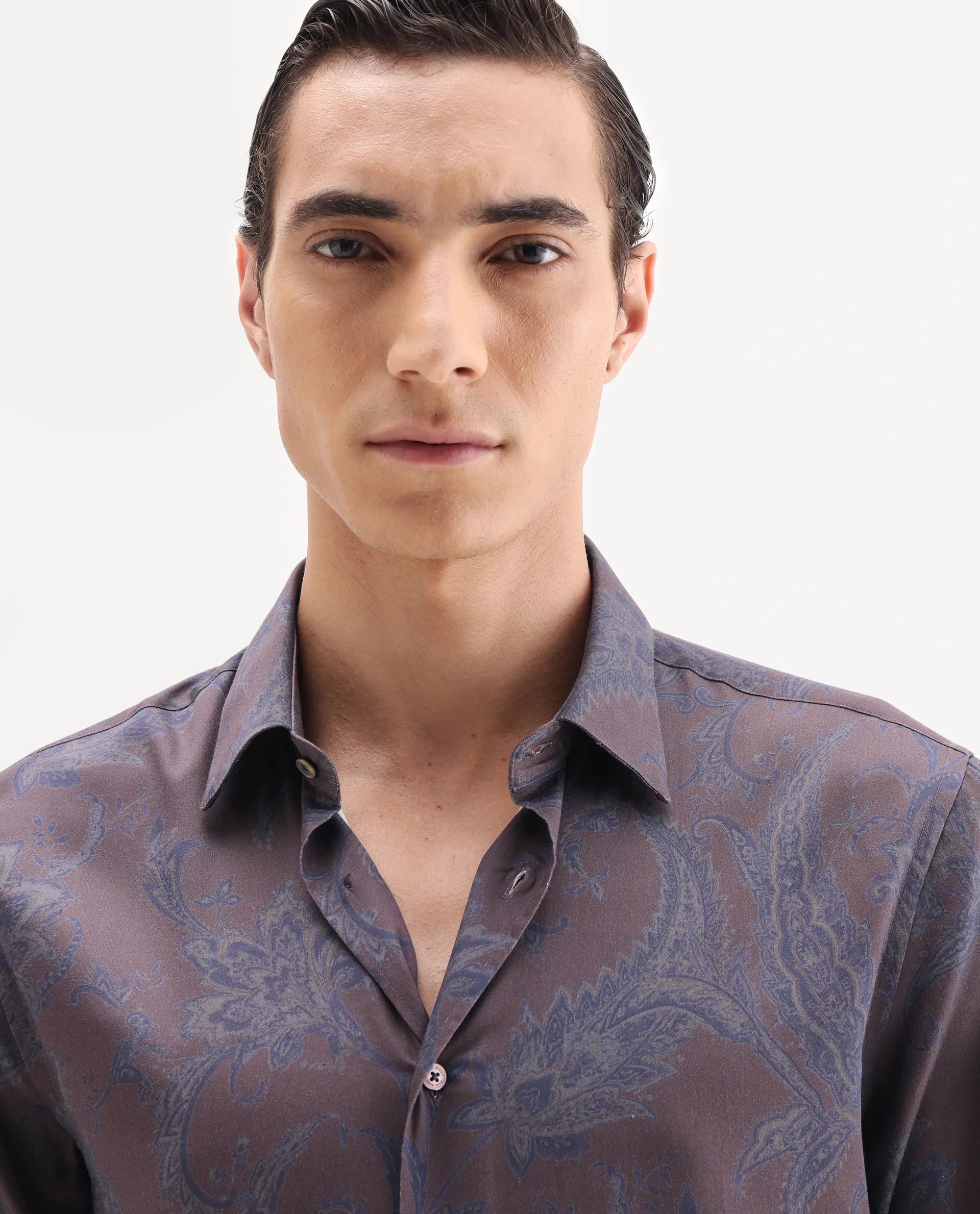 Rare Rabbit Men's Luto Dusky Red Viscose Blend Fabric Collared Neck Regular Fit Paisley Print Shirt