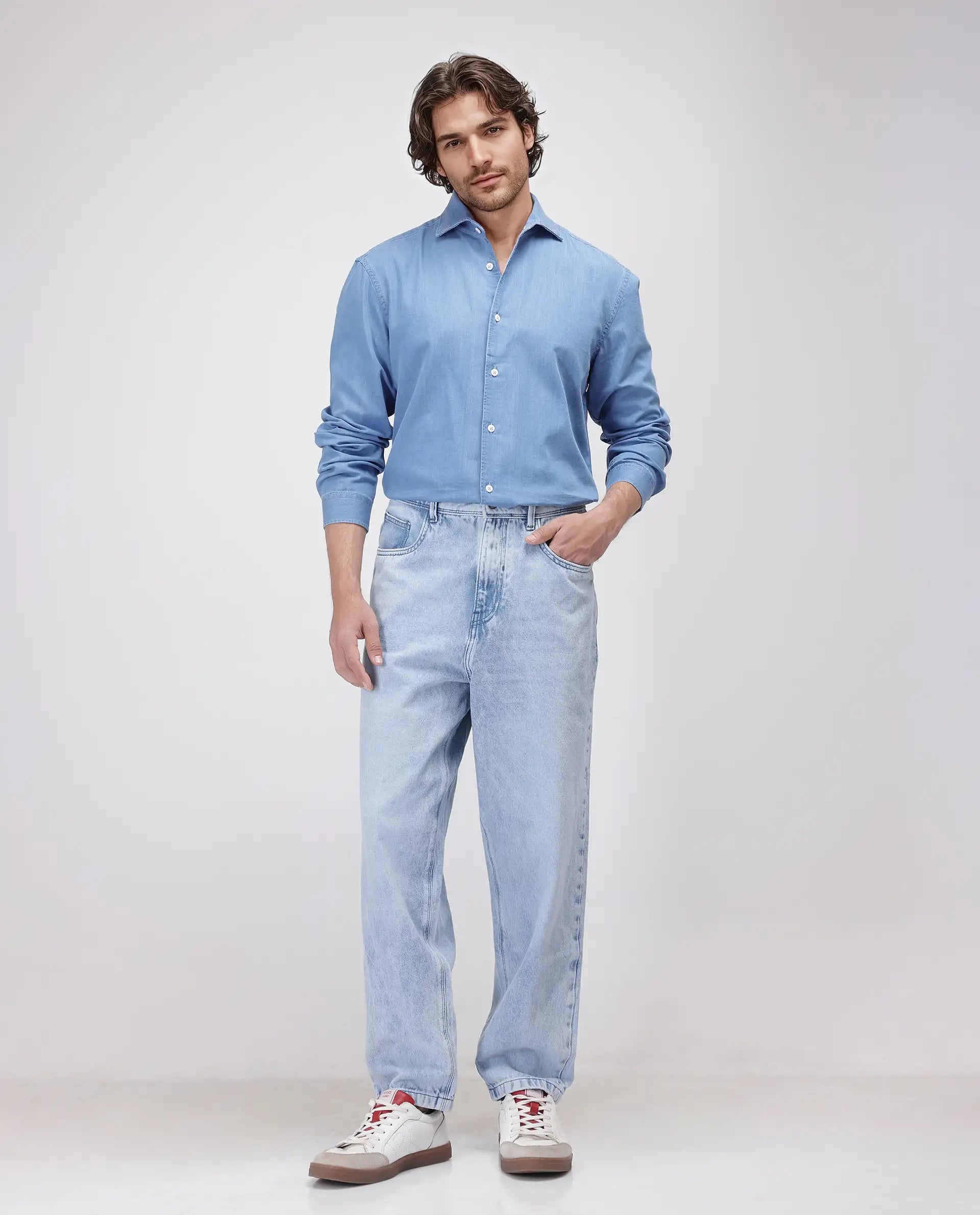 Rare Rabbit Men's Luuk Blue Cotton Blend Fabric Full Sleeve Spread Collar Regular Fit Plain Shirt