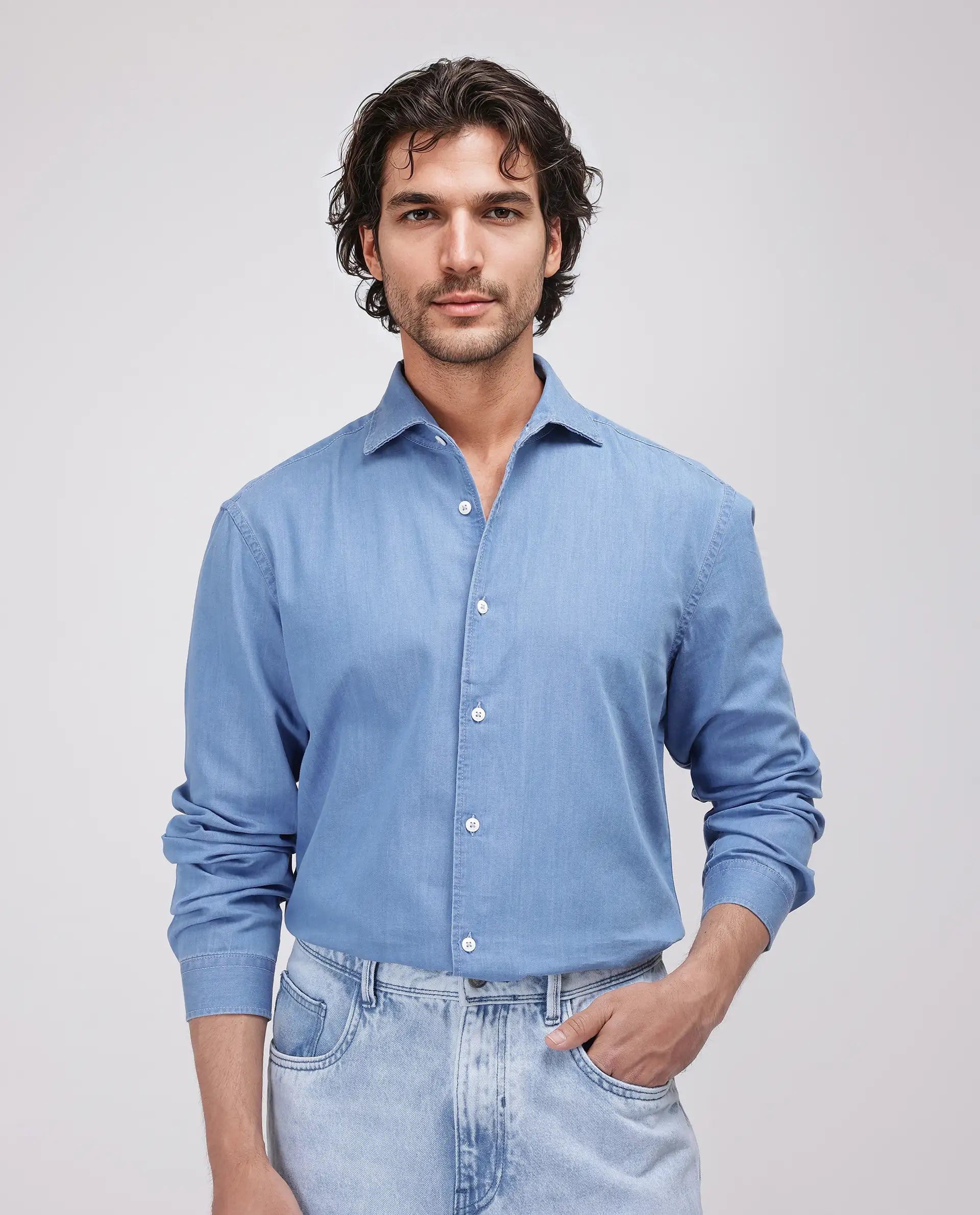 Rare Rabbit Men's Luuk Blue Cotton Blend Fabric Full Sleeve Spread Collar Regular Fit Plain Shirt