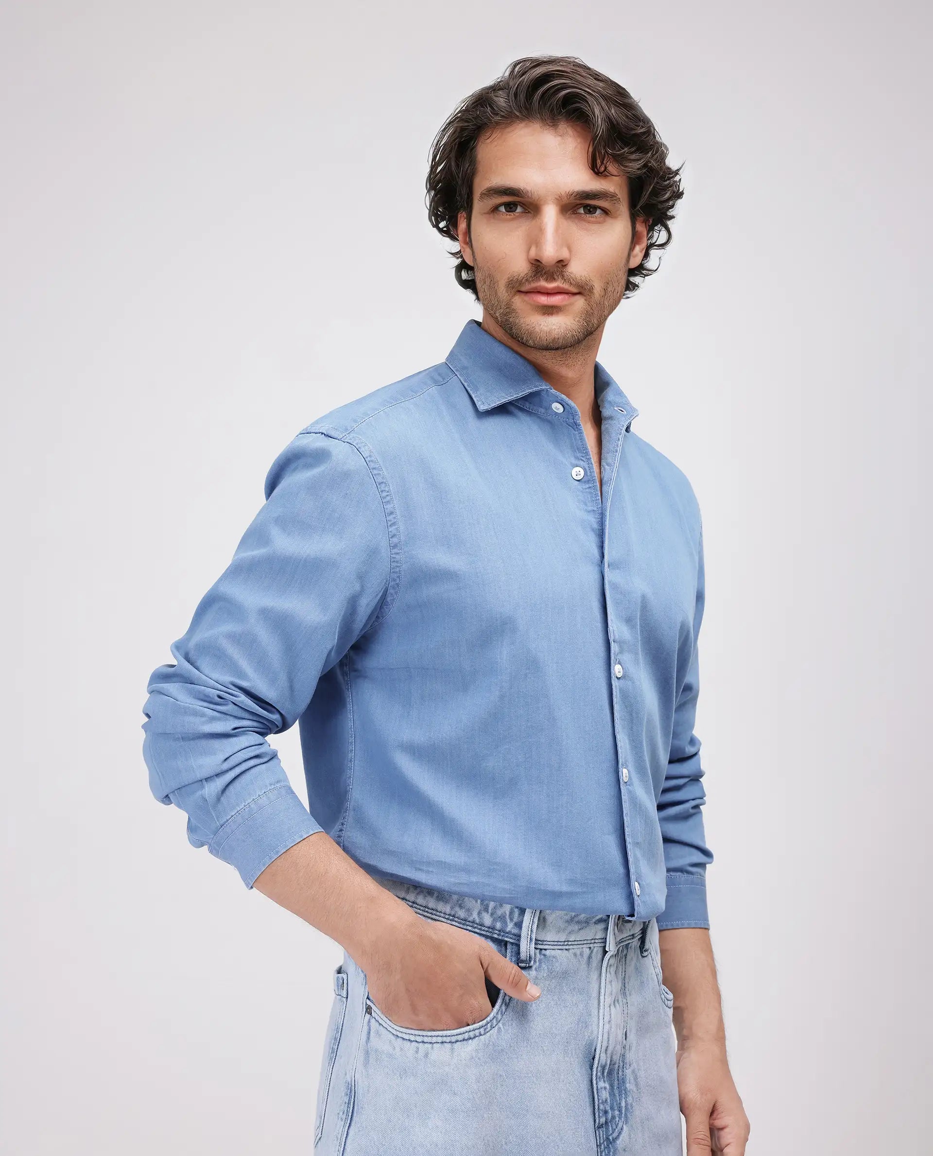 Rare Rabbit Men's Luuk Blue Cotton Blend Fabric Full Sleeve Spread Collar Regular Fit Plain Shirt