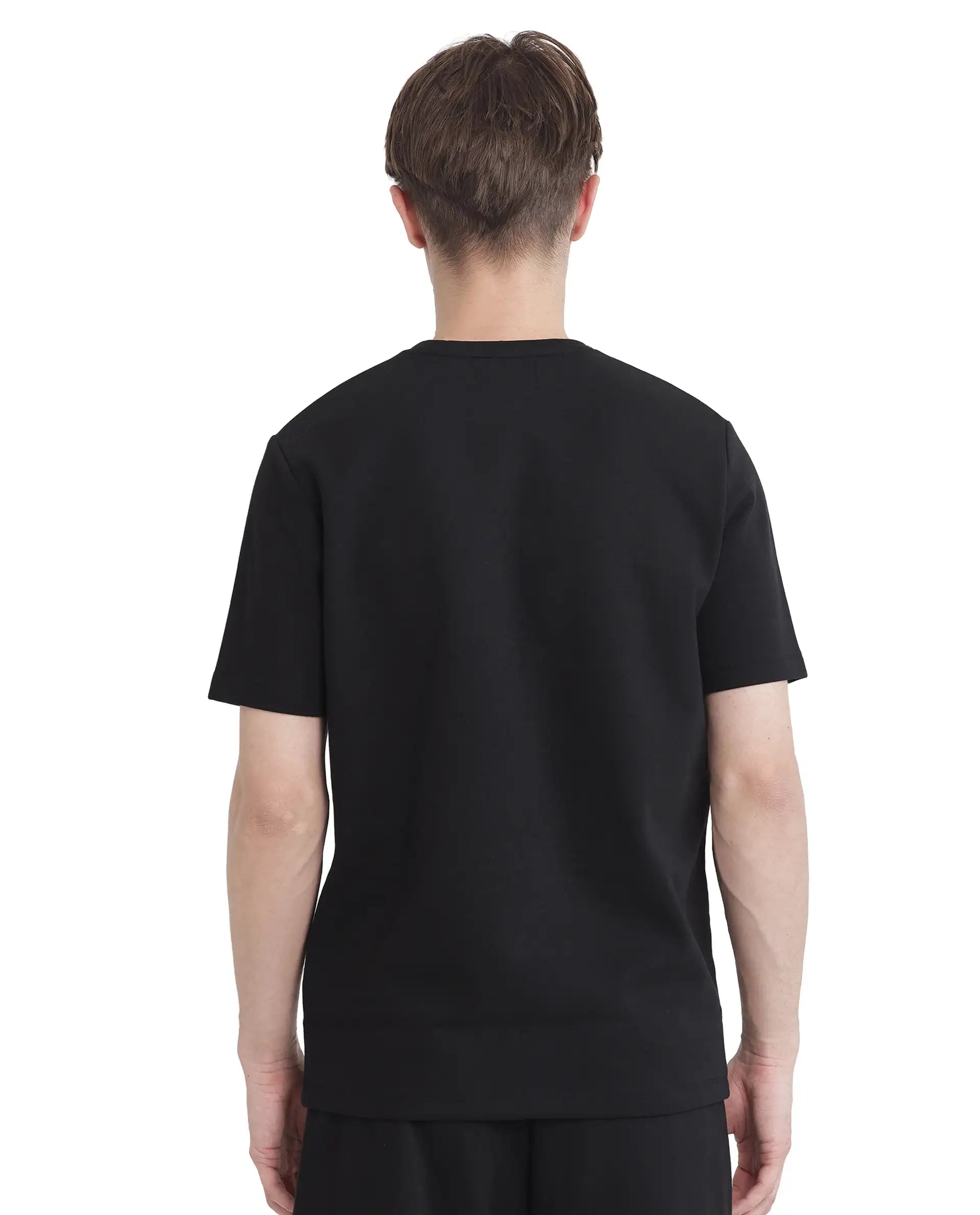 Rare Rabbit Men Luxa Black Cotton Blend Fabric Short Sleeve Crew Neck HD Print Pocket Placement T-Shirt