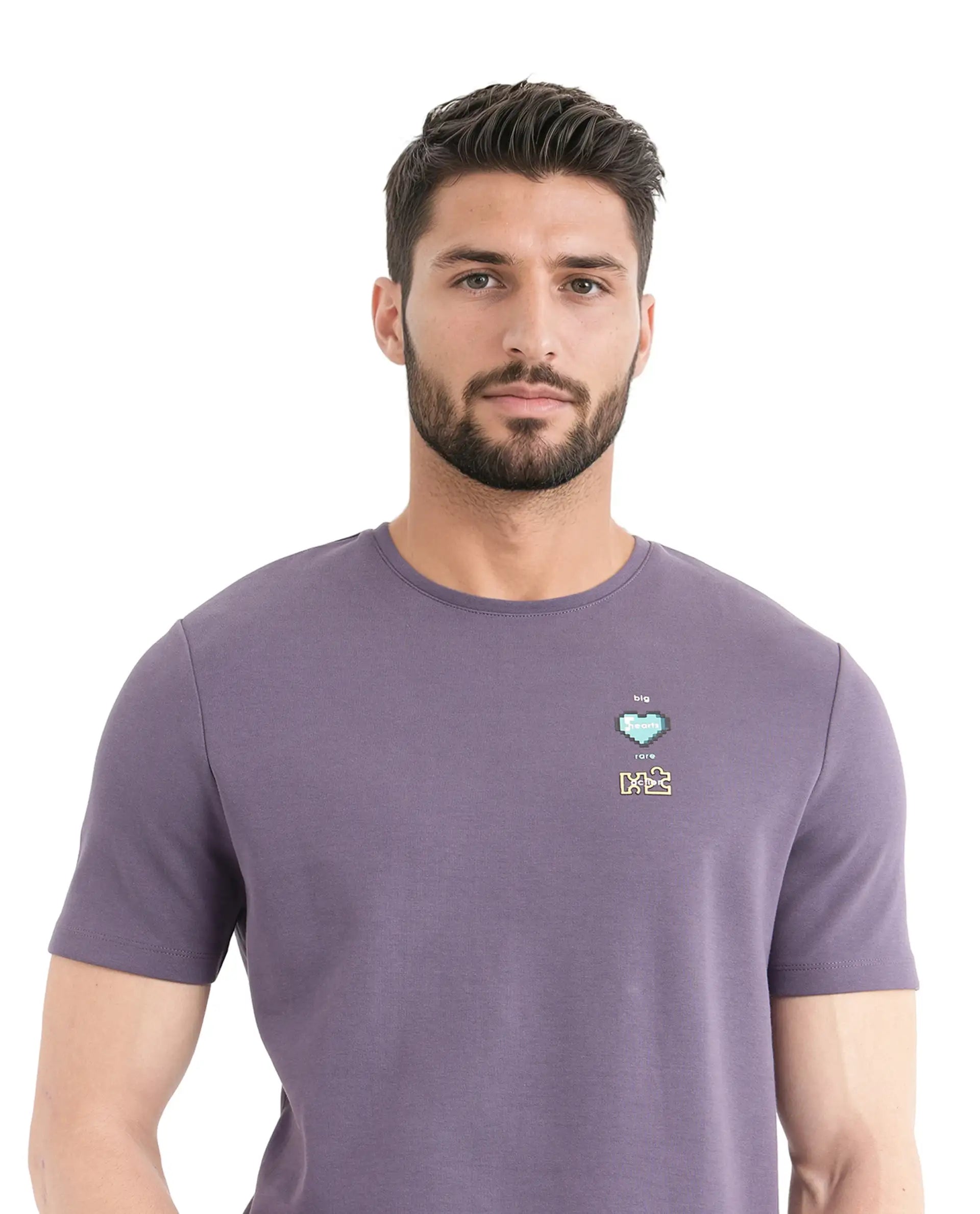 Rare Rabbit Men Luxa Pastel Purple Cotton Blend Fabric Short Sleeve Crew Neck HD Print Pocket Placement T-Shirt