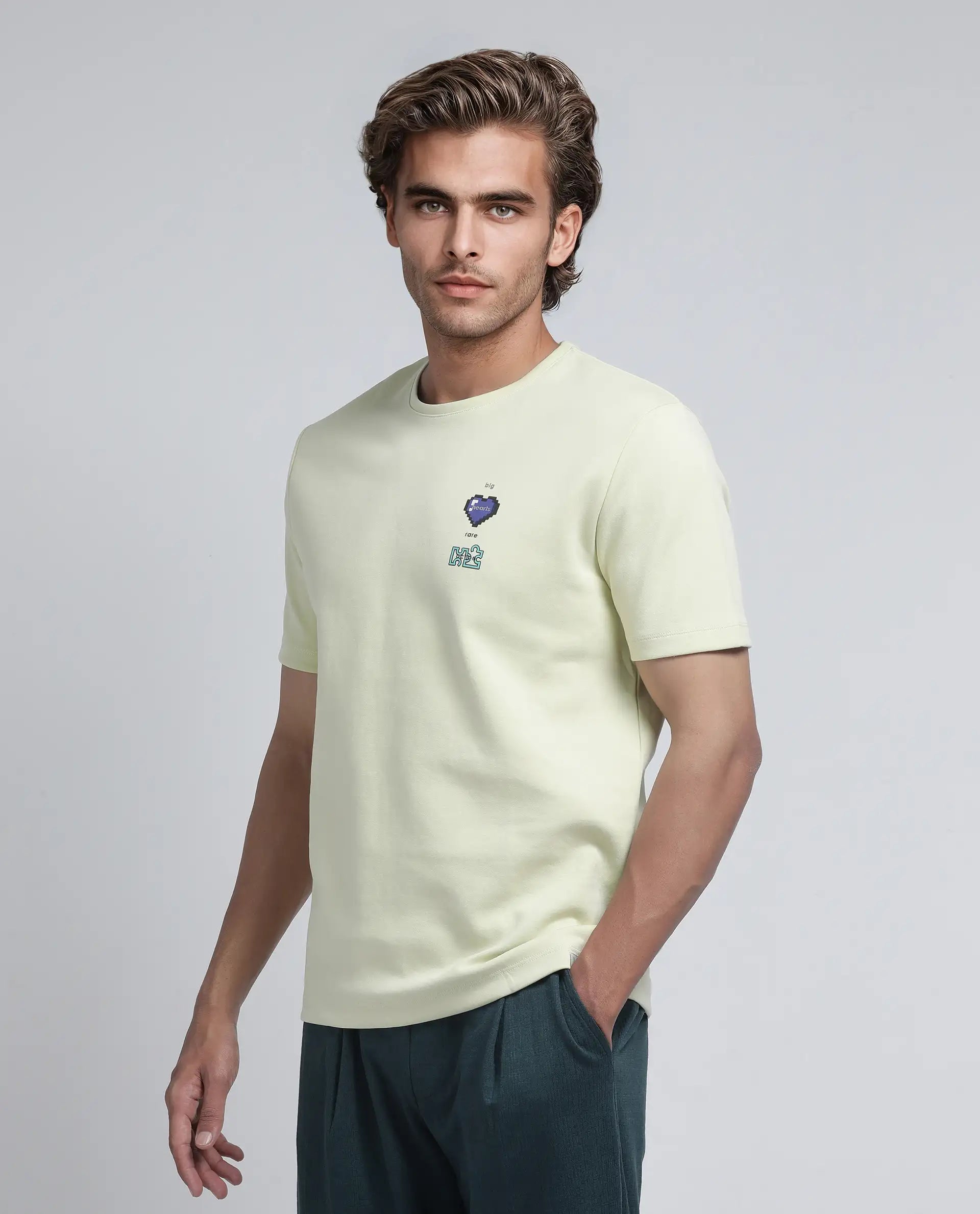 Rare Rabbit Men Luxa Pastel Yellow Cotton Poly Fabric Short Sleeve Crew Neck Hd Print T-Shirt