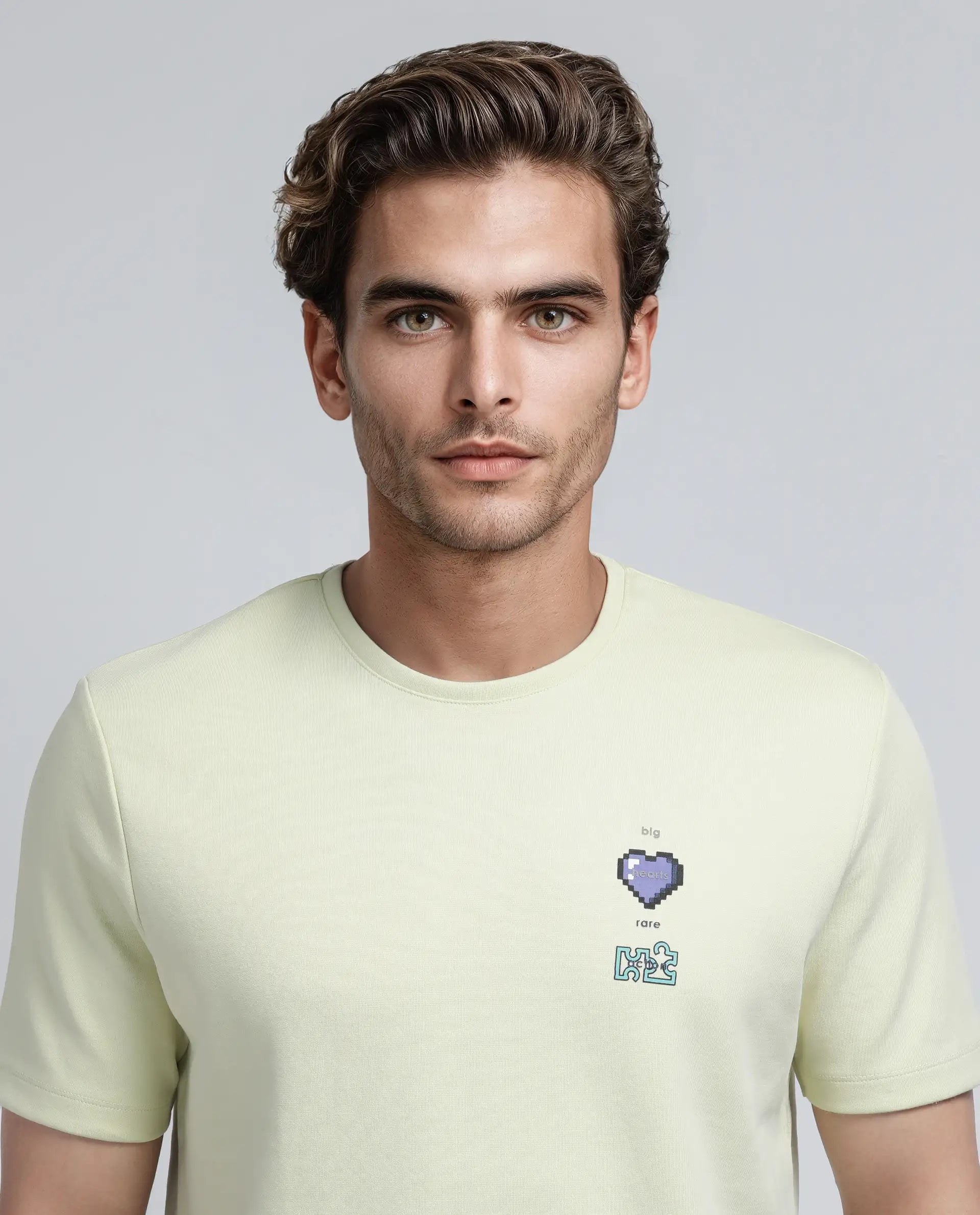 Rare Rabbit Men Luxa Pastel Yellow Cotton Poly Fabric Short Sleeve Crew Neck Hd Print T-Shirt