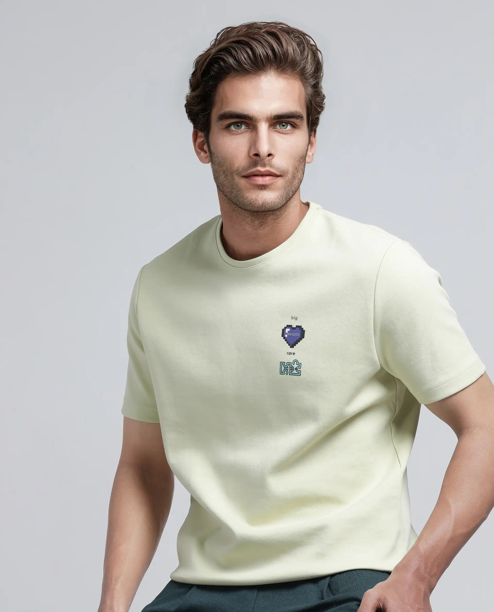 Rare Rabbit Men Luxa Pastel Yellow Cotton Poly Fabric Short Sleeve Crew Neck Hd Print T-Shirt