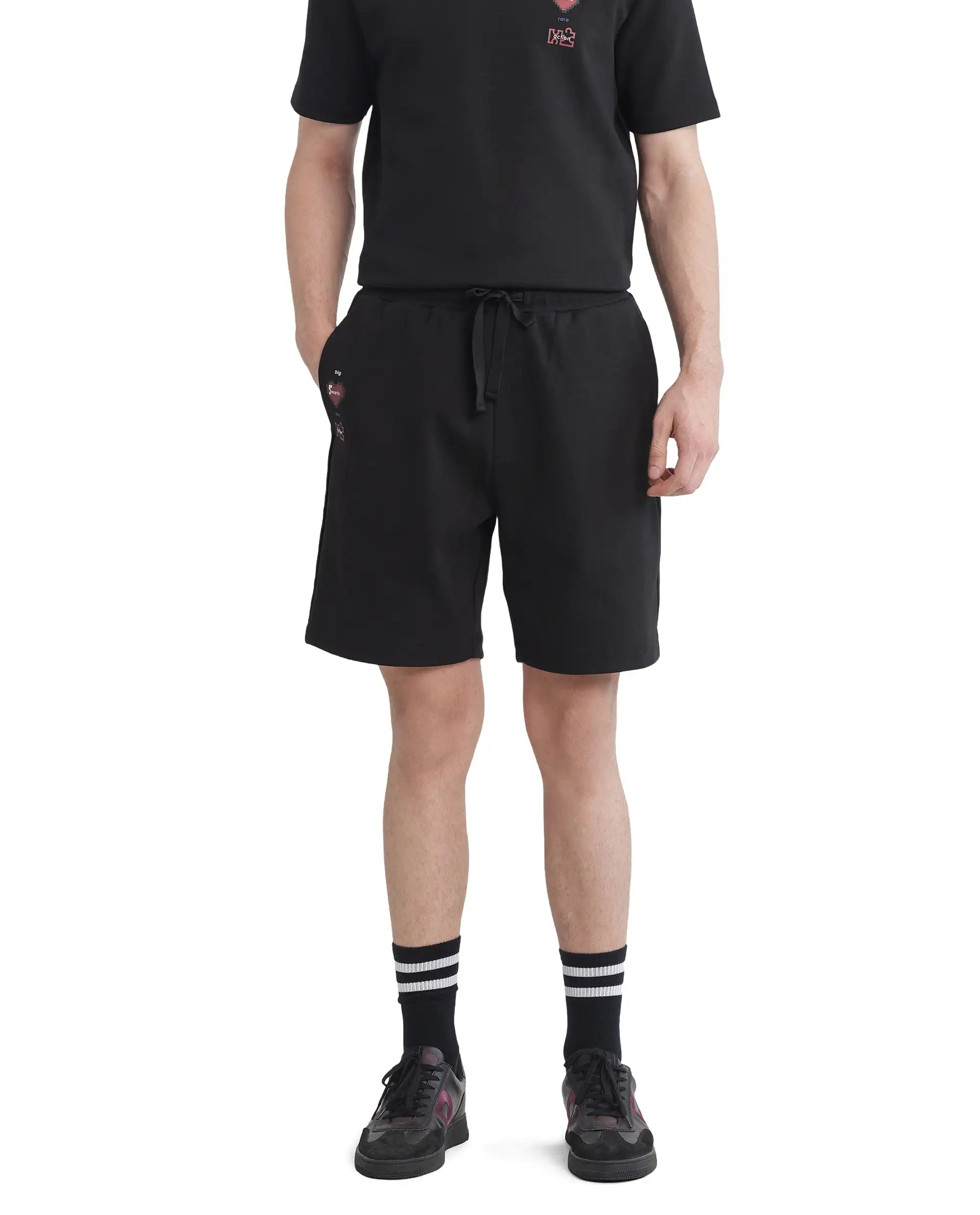 Rare Rabbit Men's Lux Black Cotton Blend Fabric Relaxed Fit Plain Shorts