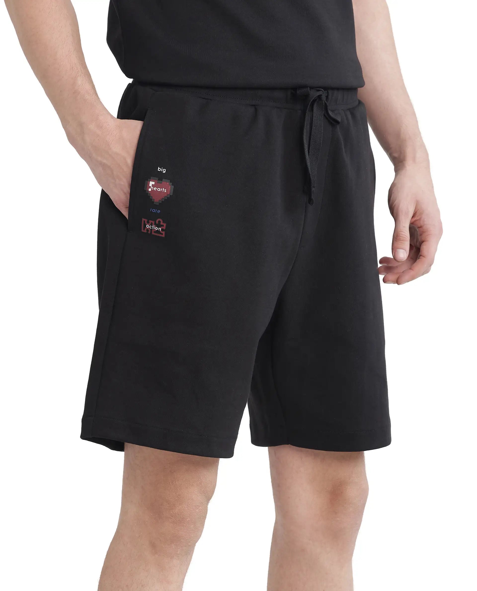 Rare Rabbit Men's Lux Black Cotton Blend Fabric Relaxed Fit Plain Shorts
