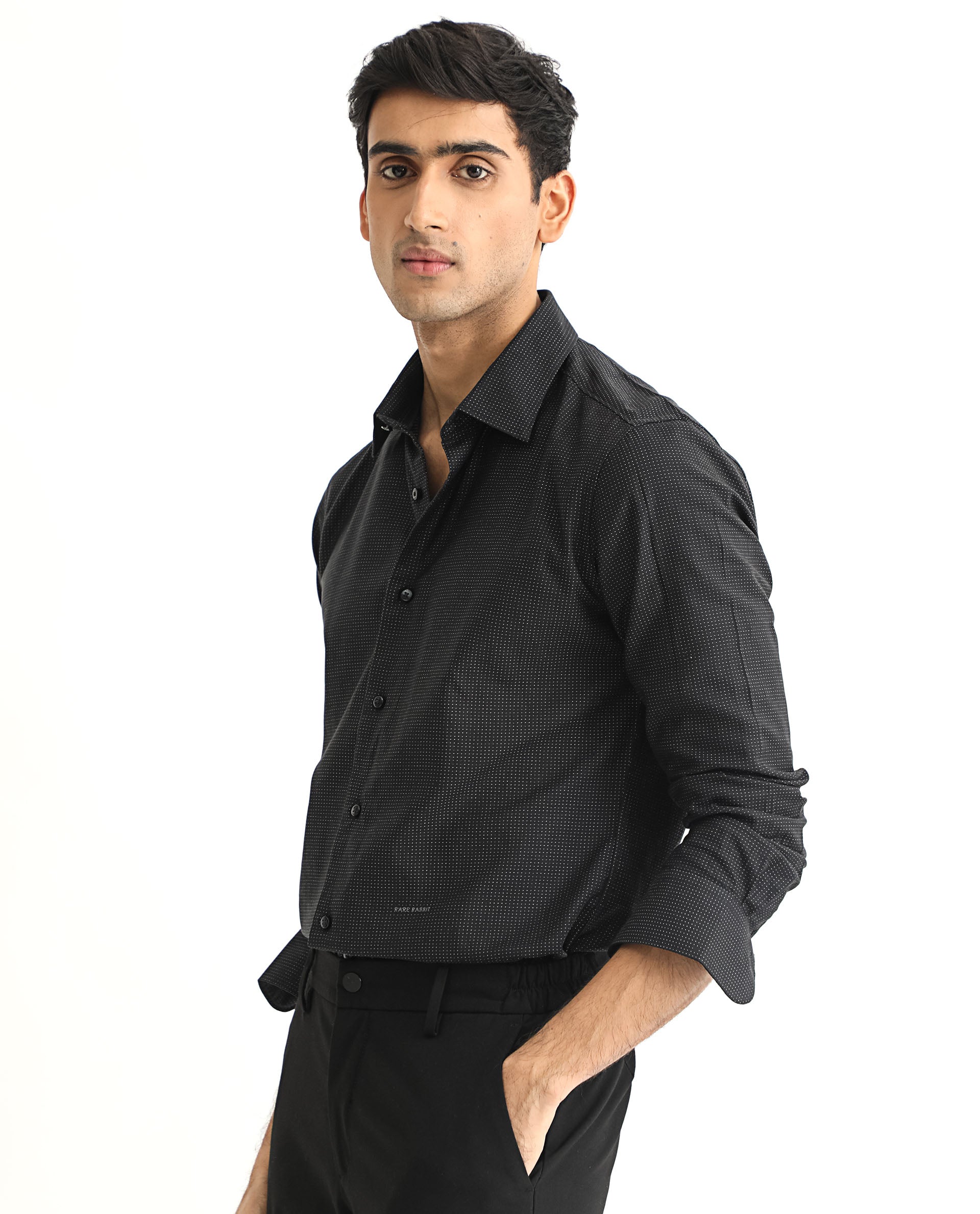 Rare Rabbit Men's Luxem Black Full Sleeves Geometric Dot Print Shirt