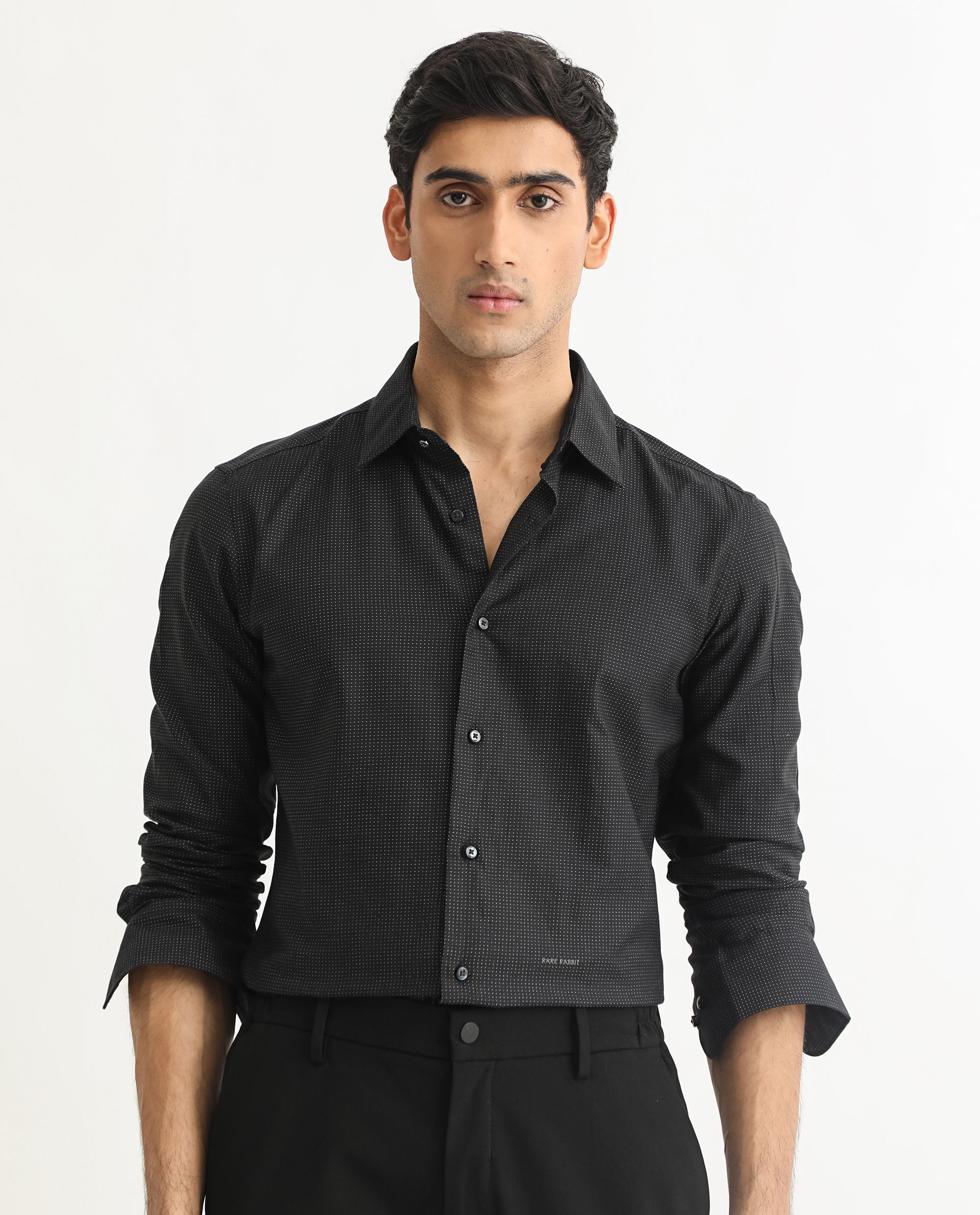 Rare Rabbit Men's Luxem Black Full Sleeves Geometric Dot Print Shirt
