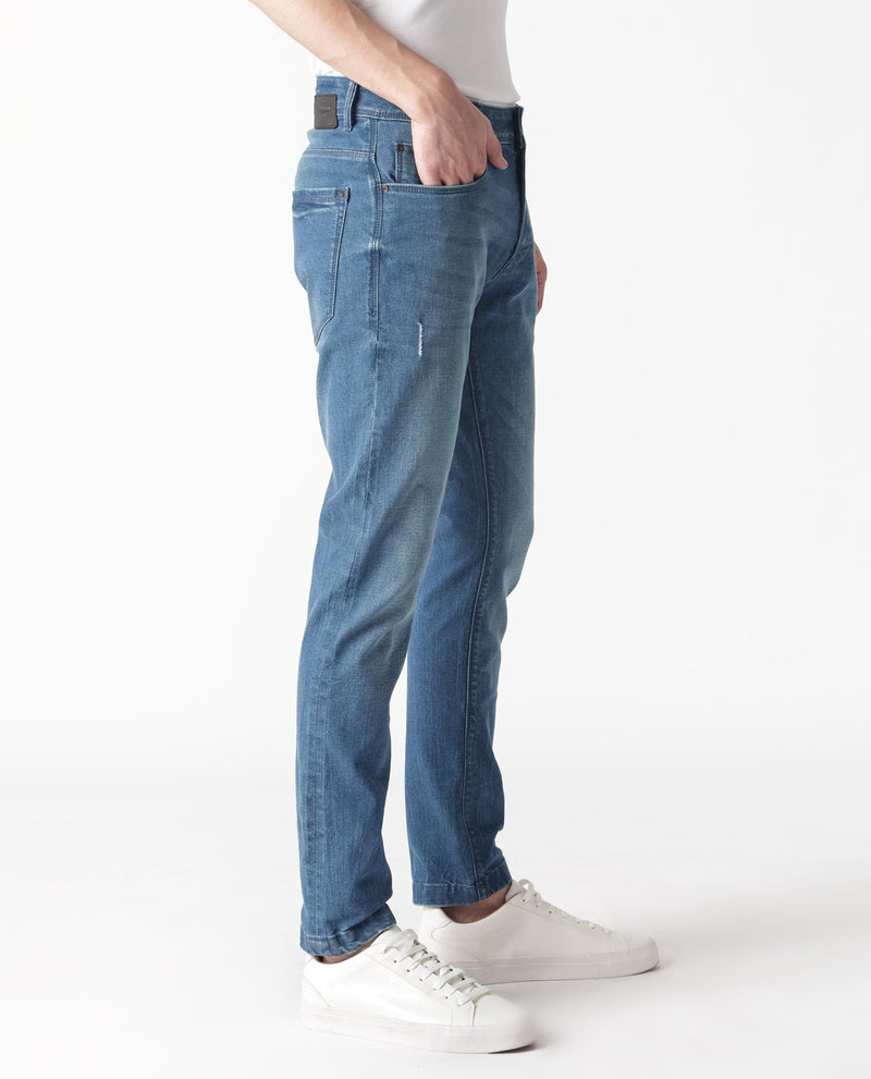 Rare Rabbit Men's Luxen Blue Mid Wash Mid-Rise Distressed Slim Fit Jeans