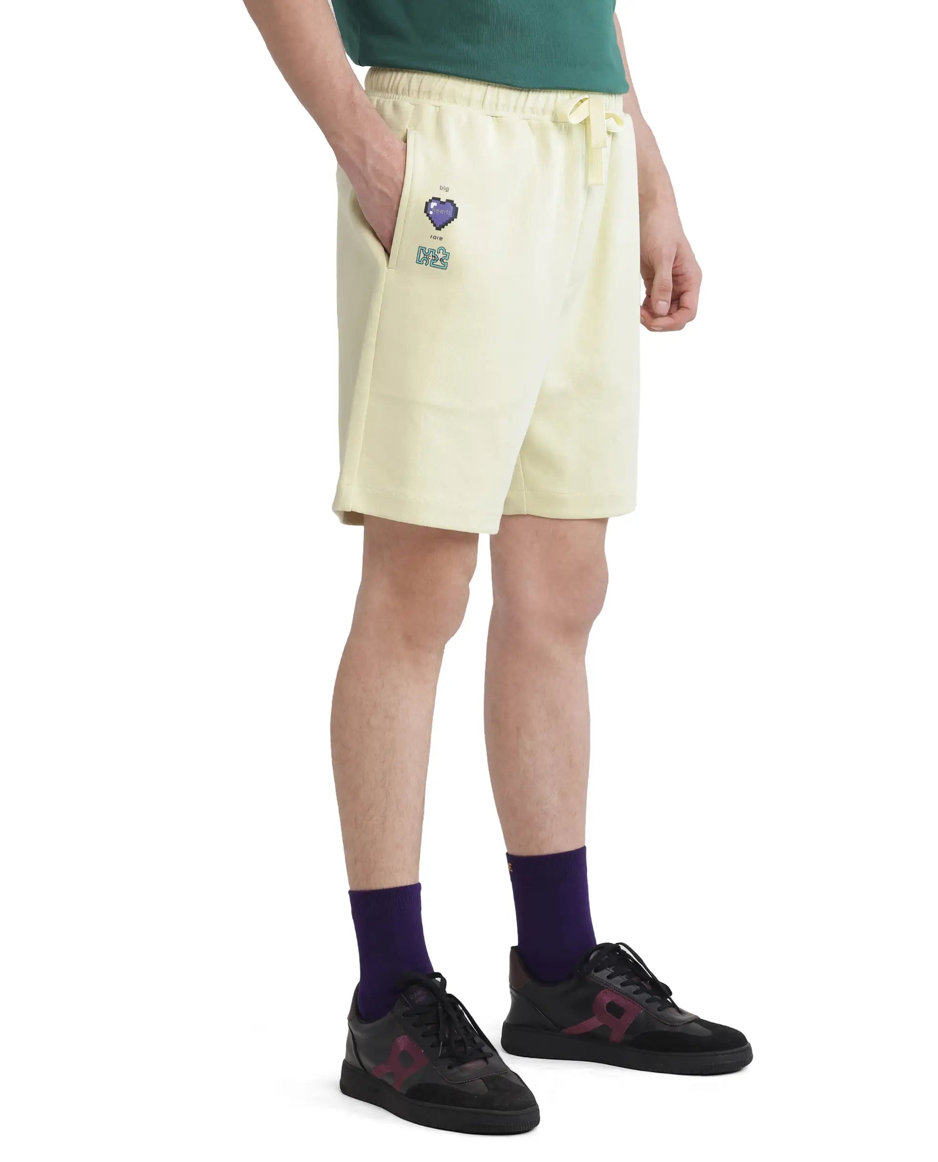 Rare Rabbit Men's Lux Pastel Yellow Cotton Blend Fabric Relaxed Fit Plain Shorts