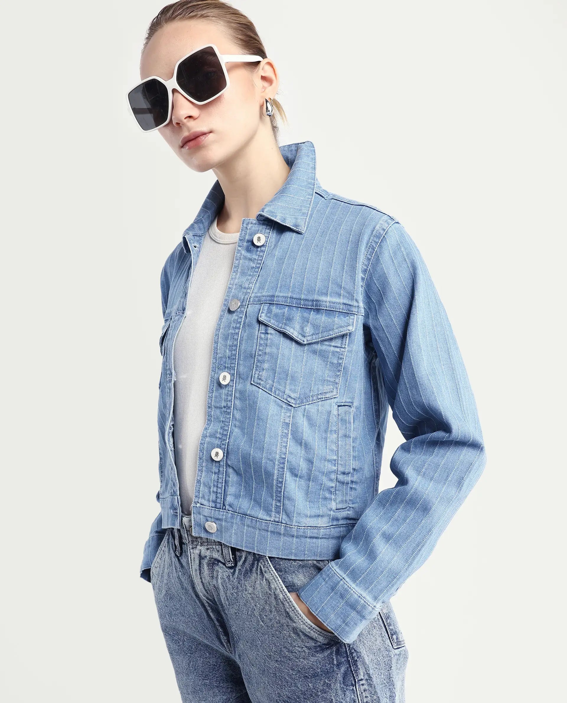 Rareism Women's Luz Light Blue Cotton Blend Spread Collar Striped Cuffed Sleeve Regular Fit Jacket