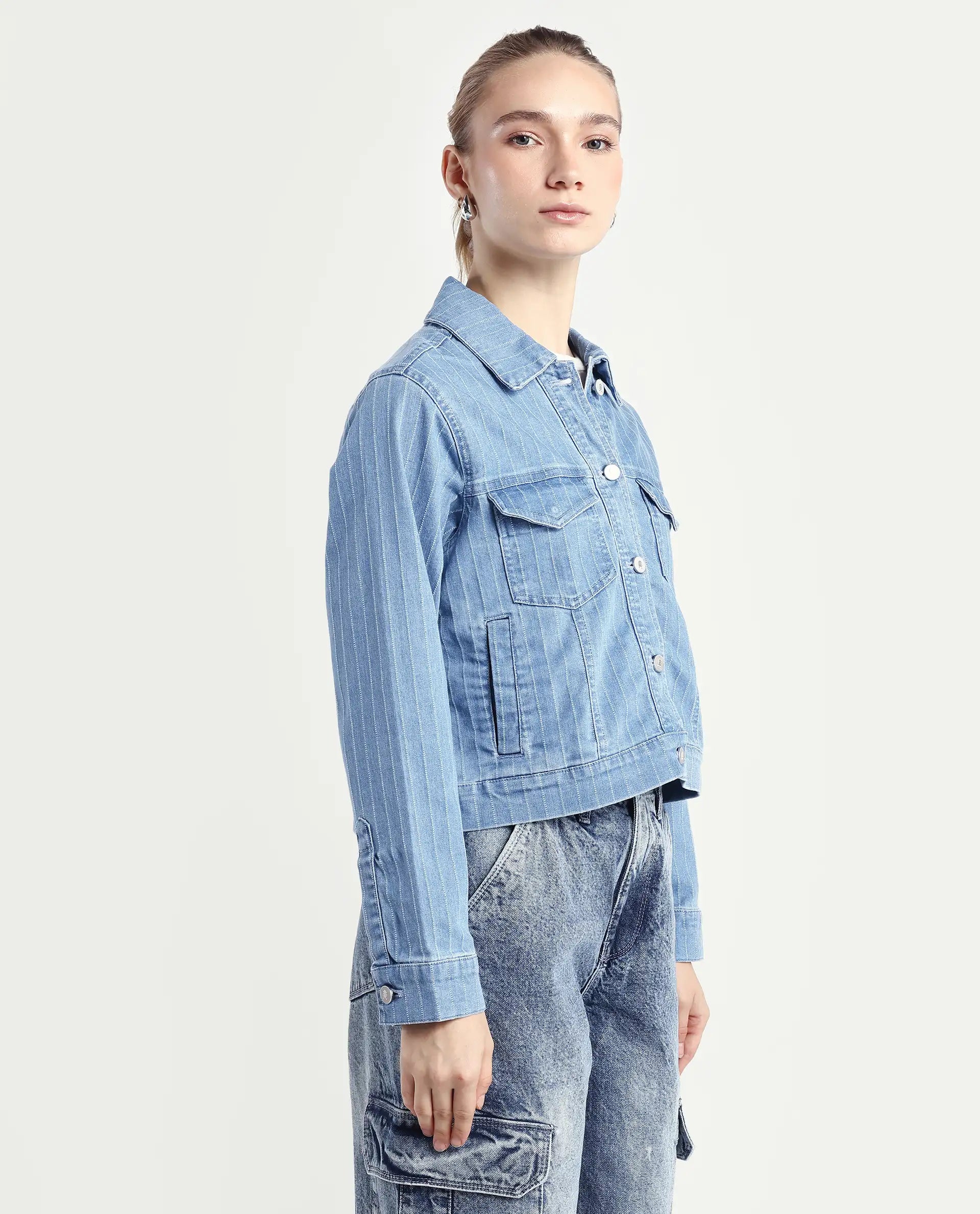 Rareism Women's Luz Light Blue Cotton Blend Spread Collar Striped Cuffed Sleeve Regular Fit Jacket