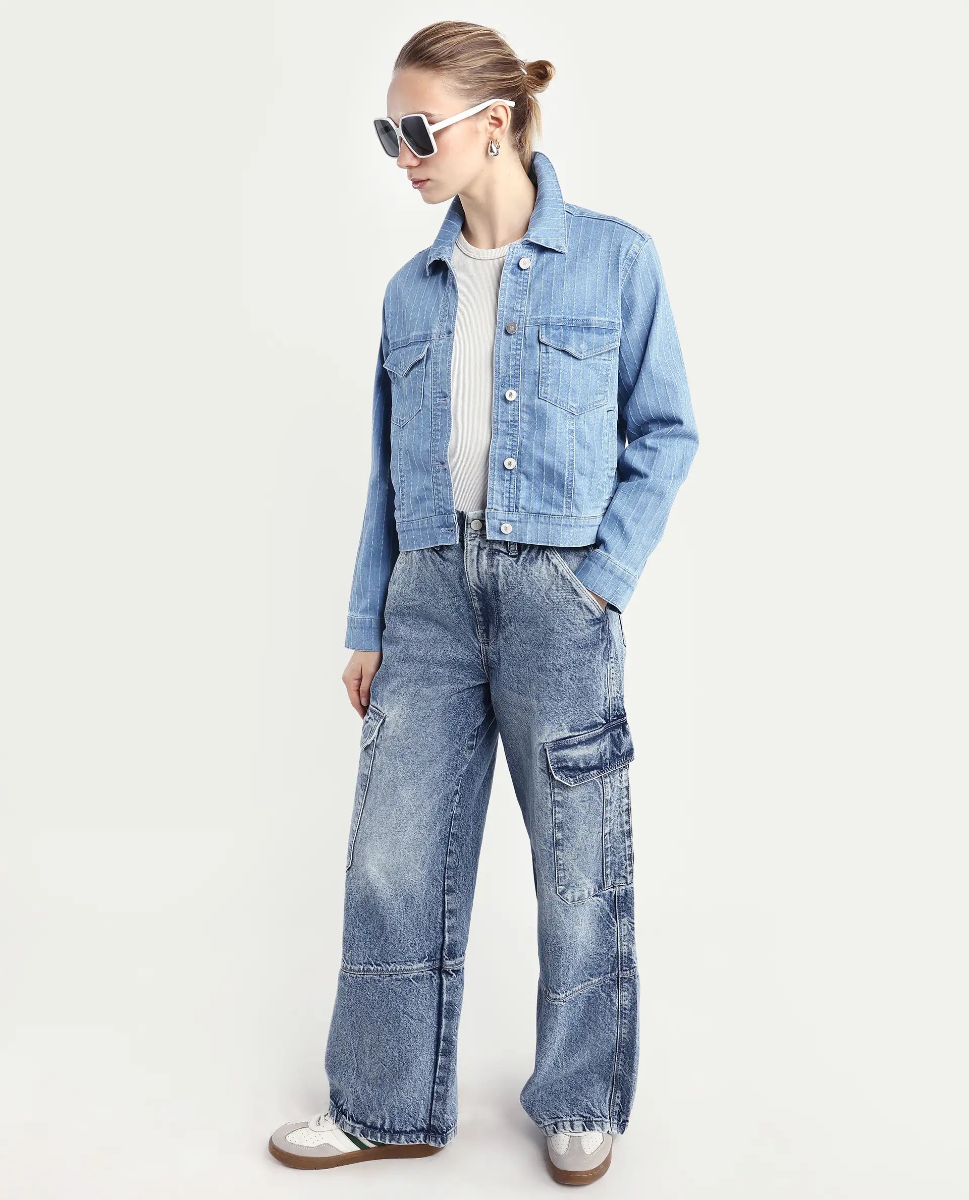 Rareism Women's Luz Light Blue Cotton Blend Spread Collar Striped Cuffed Sleeve Regular Fit Jacket