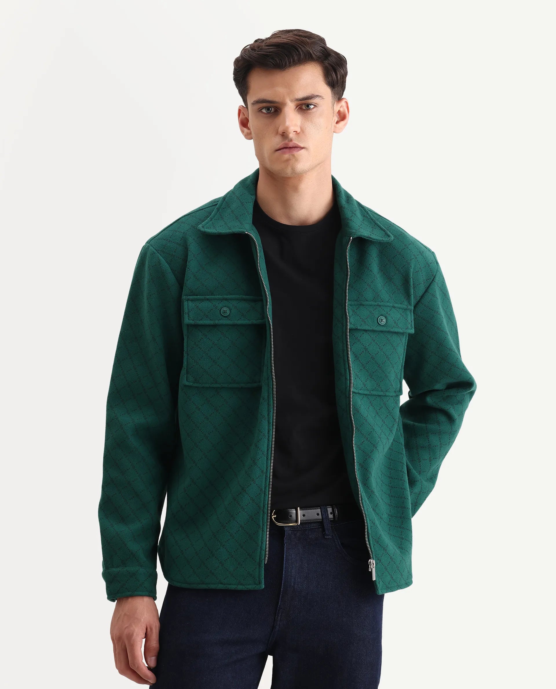 Rare Rabbit Men's Lybro Green Polyester Monogram Print Regular Fit Full Sleeve Spread Collar Jacket