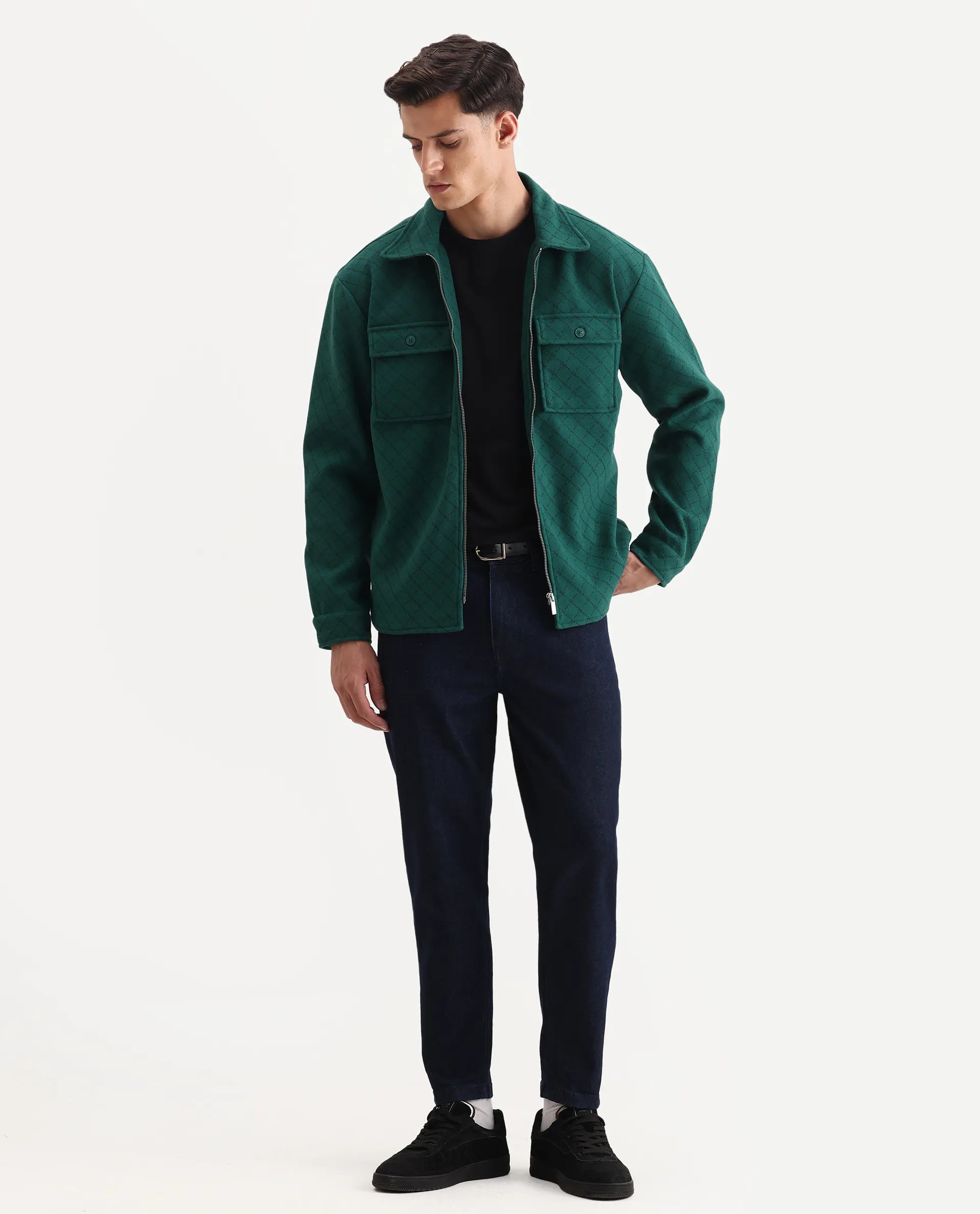 Rare Rabbit Men's Lybro Green Polyester Monogram Print Regular Fit Full Sleeve Spread Collar Jacket