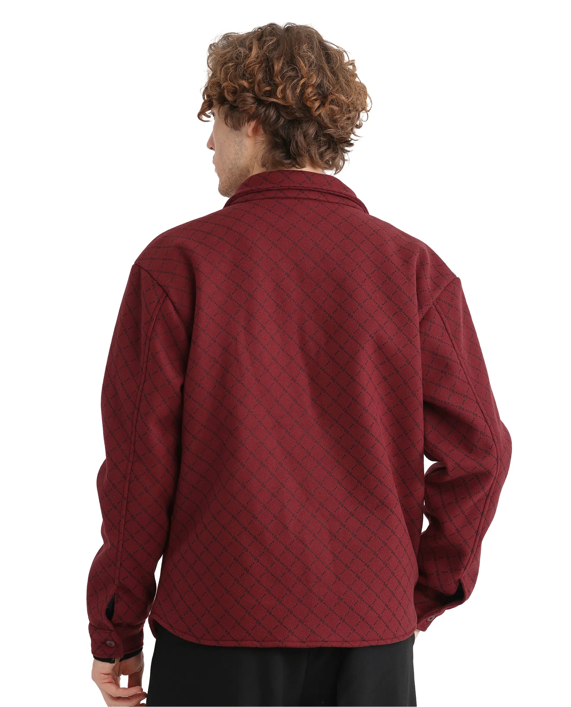 Rare Rabbit Men Lybro Red Polyester Fabric Full Sleeve Two Front Flap Pocket Broad Collared Printed Jacket