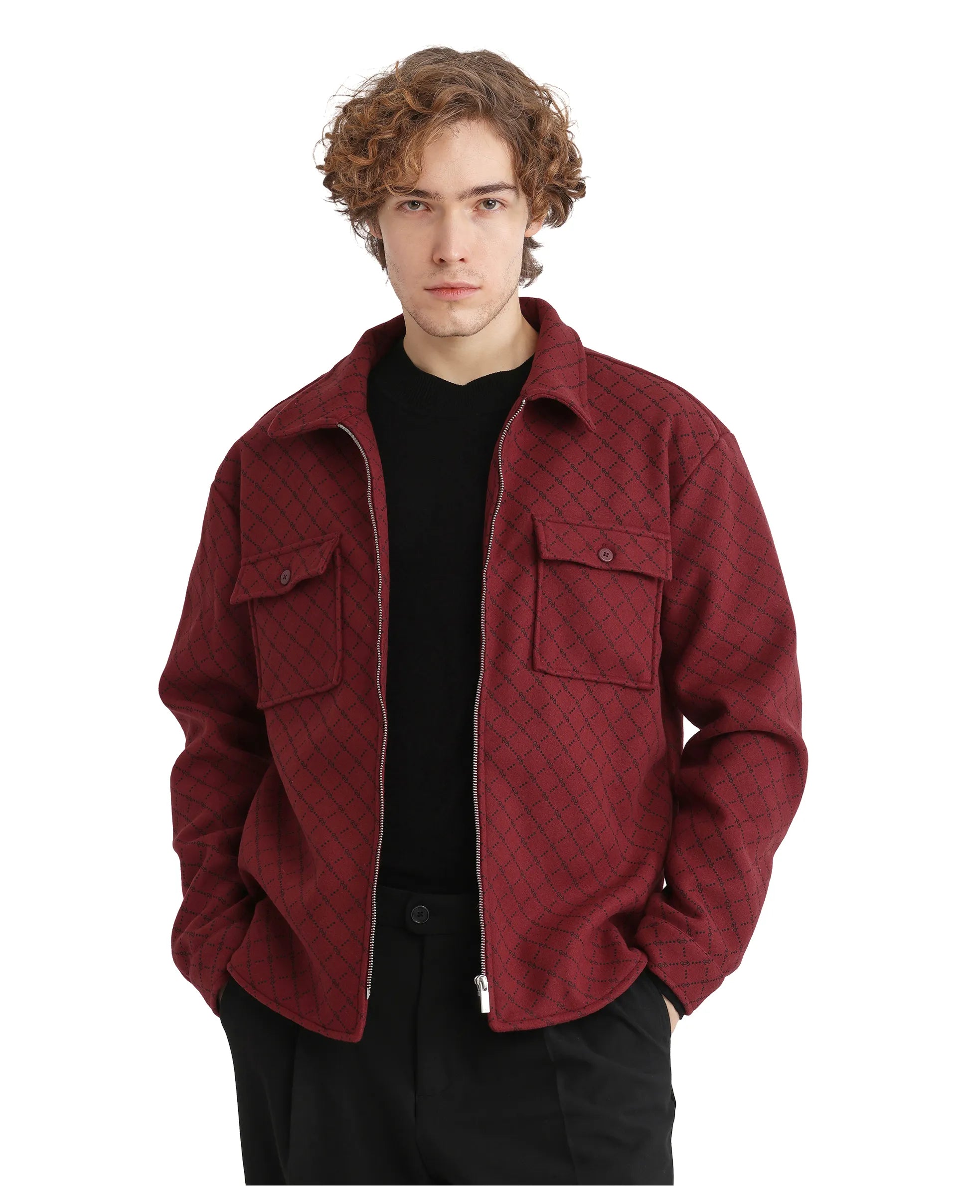 Rare Rabbit Men Lybro Red Polyester Fabric Full Sleeve Two Front Flap Pocket Broad Collared Printed Jacket