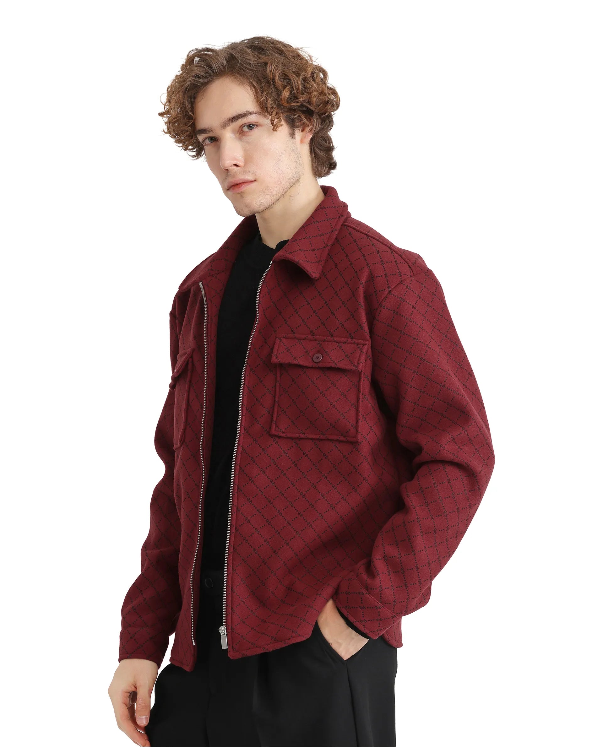 Rare Rabbit Men Lybro Red Polyester Fabric Full Sleeve Two Front Flap Pocket Broad Collared Printed Jacket