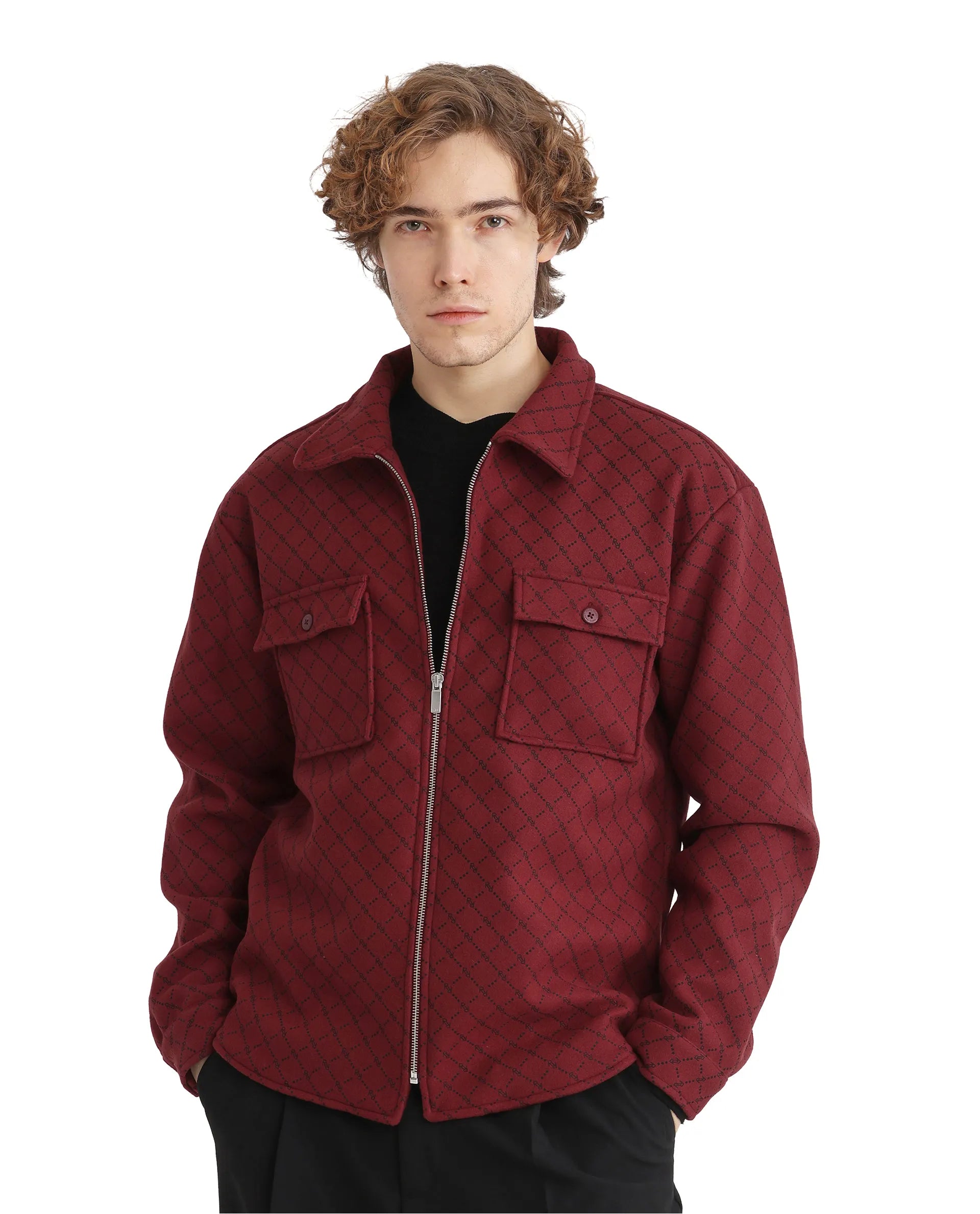 Rare Rabbit Men Lybro Red Polyester Fabric Full Sleeve Two Front Flap Pocket Broad Collared Printed Jacket