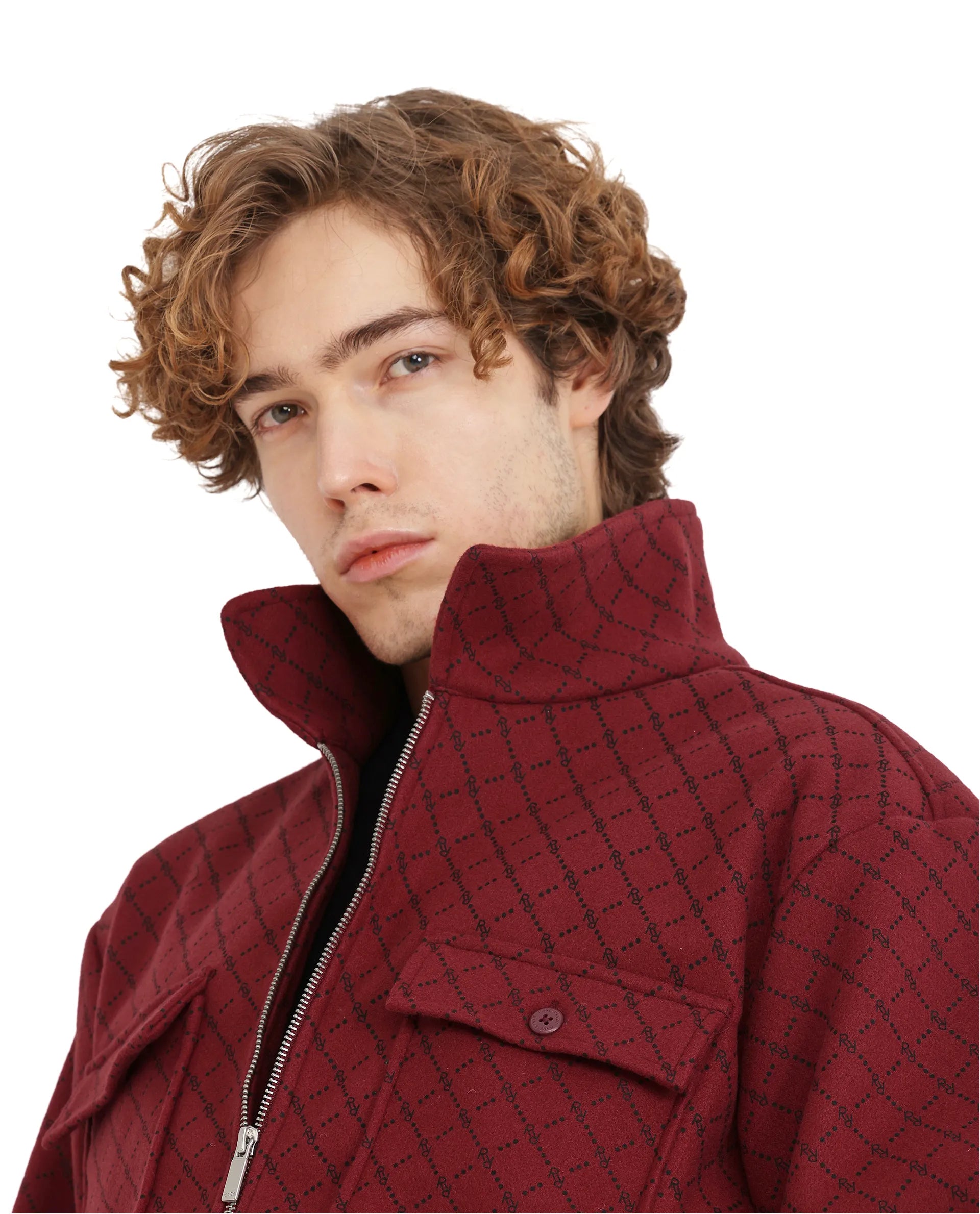 Rare Rabbit Men Lybro Red Polyester Fabric Full Sleeve Two Front Flap Pocket Broad Collared Printed Jacket
