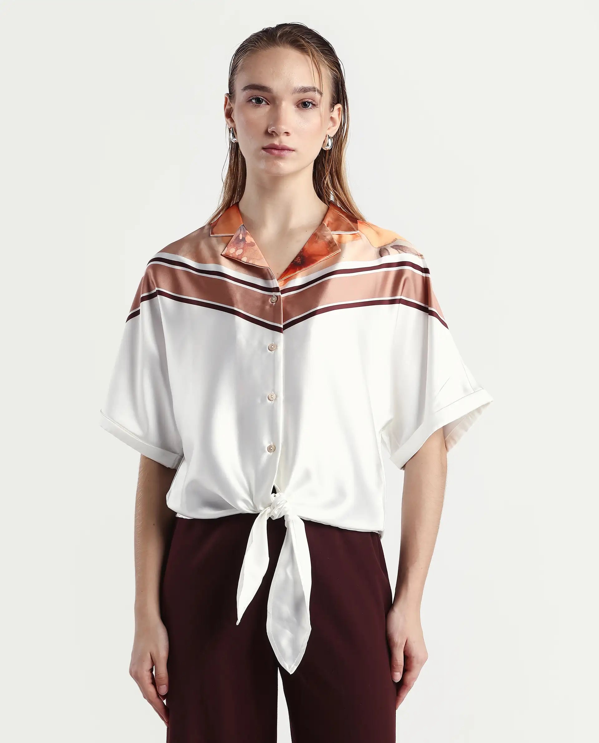 Rareism Women's Lyney Multi Polyester Lapel Neck Abstract Print Extended Sleeves Boxy Fit Top