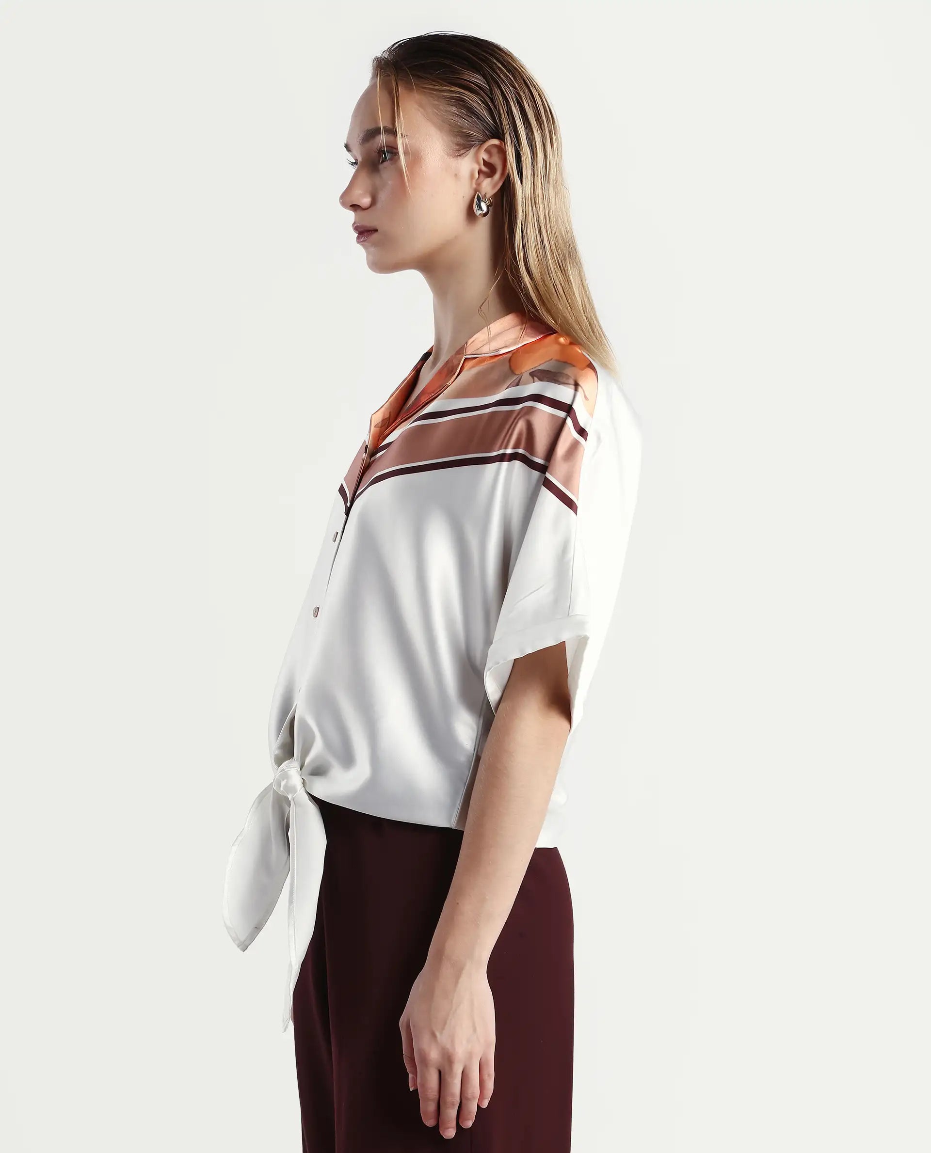 Rareism Women's Lyney Multi Polyester Lapel Neck Abstract Print Extended Sleeves Boxy Fit Top