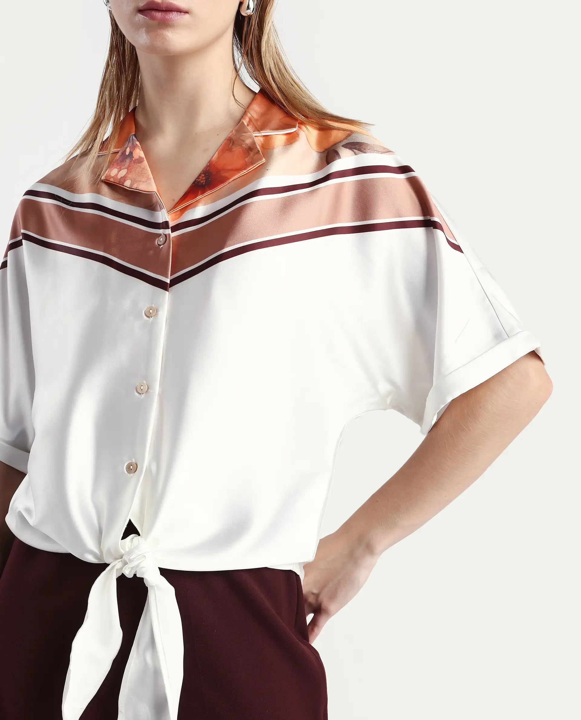 Rareism Women's Lyney Multi Polyester Lapel Neck Abstract Print Extended Sleeves Boxy Fit Top