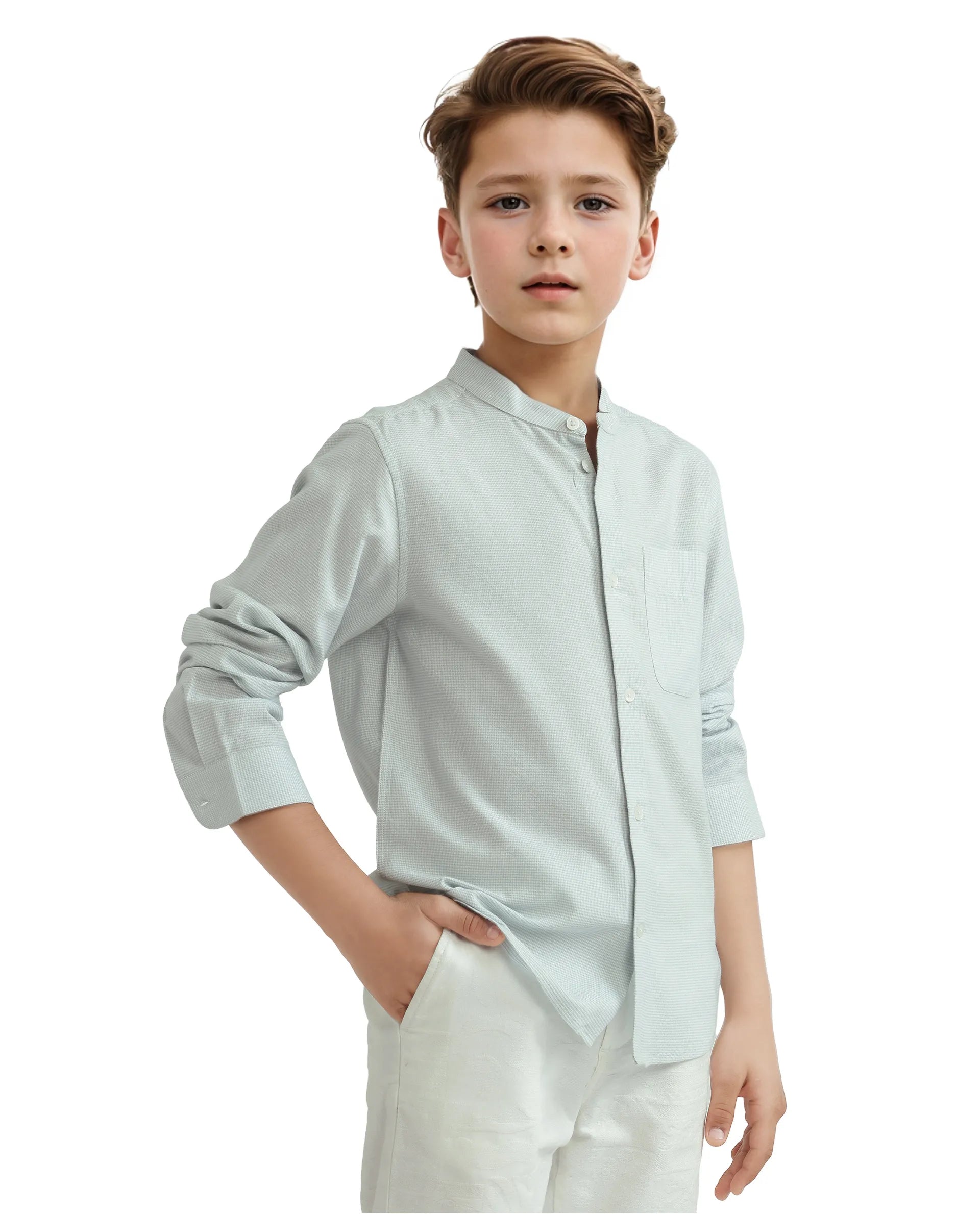 Rare Ones Kids Lynx Light Blue Cotton Blend Long Sleeve Mandarin Collar Striped Shirt